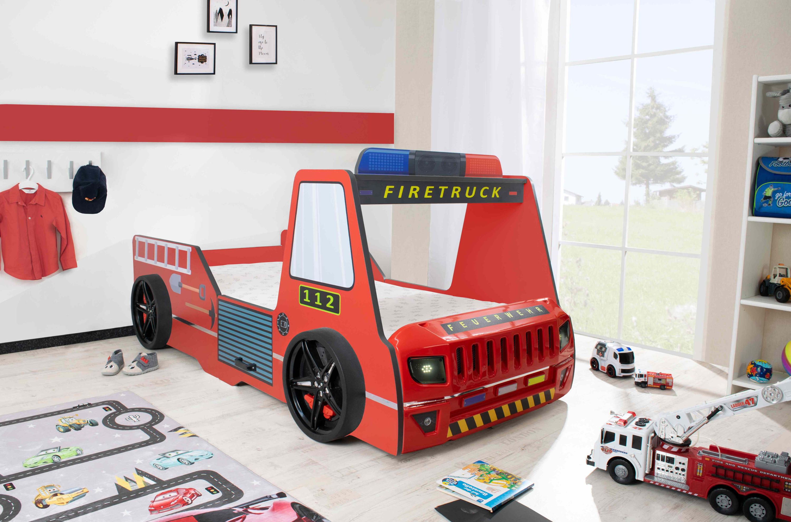 Autobett Kinder 90x200 cm Feuerwehrbett "Rio Firetruck" mit LED-Licht und Sirenenoptik 