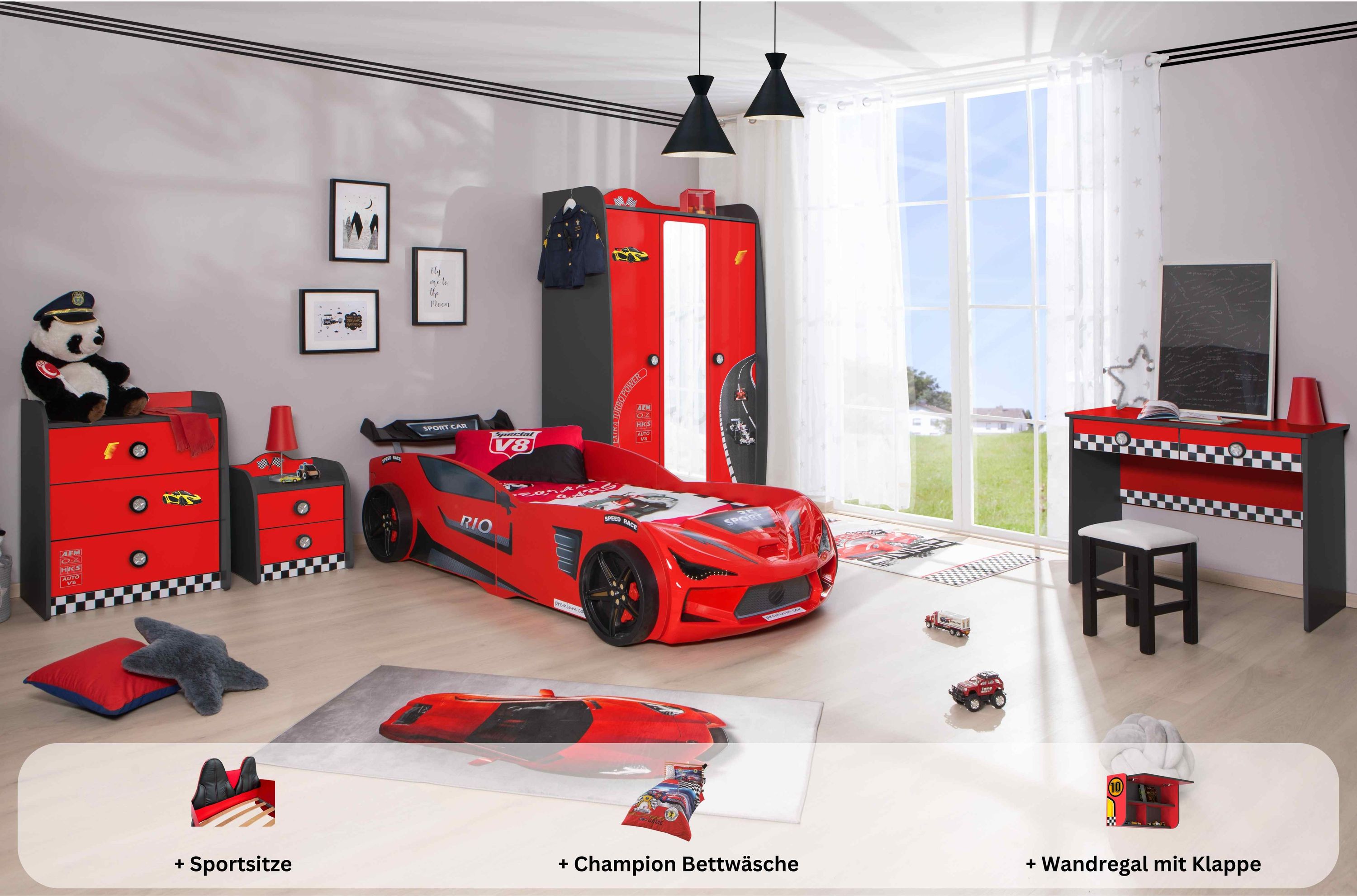 Kinderzimmer komplett Set Autobett Rio 5 teilig Rot 