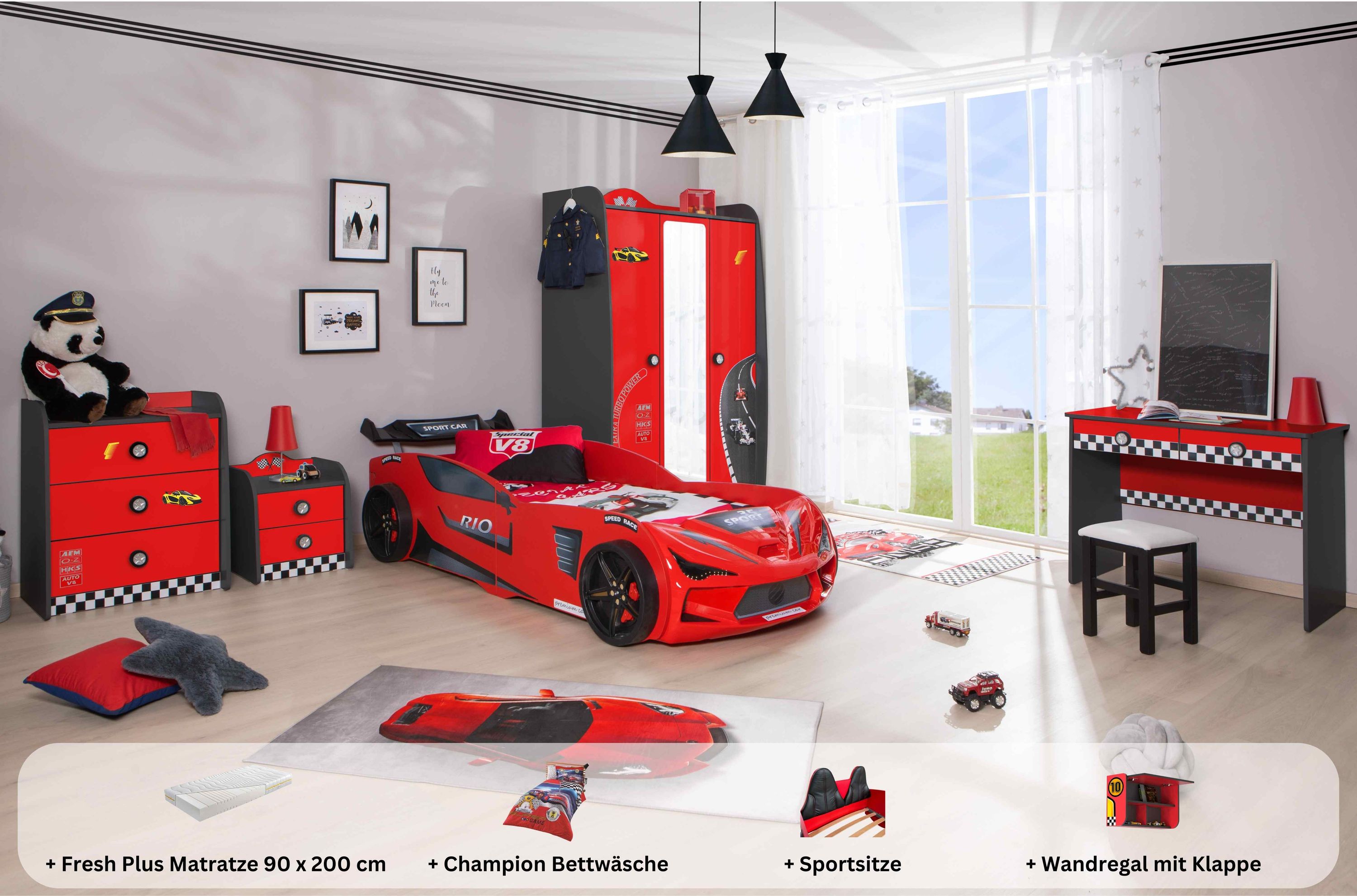 Kinderzimmer komplett Set Autobett Rio 5 teilig Rot 