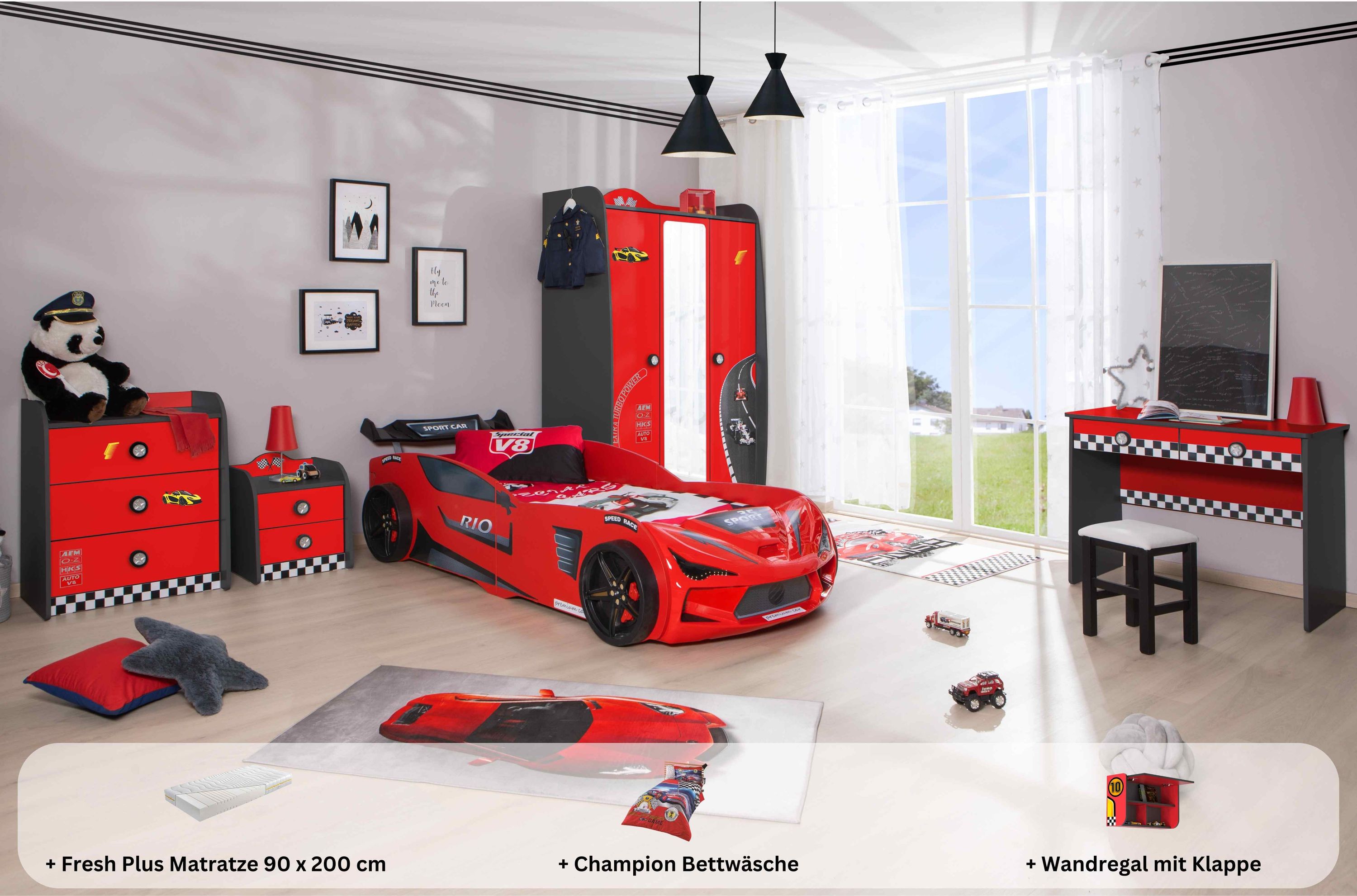 Kinderzimmer komplett Set Autobett Rio 5 teilig Rot 