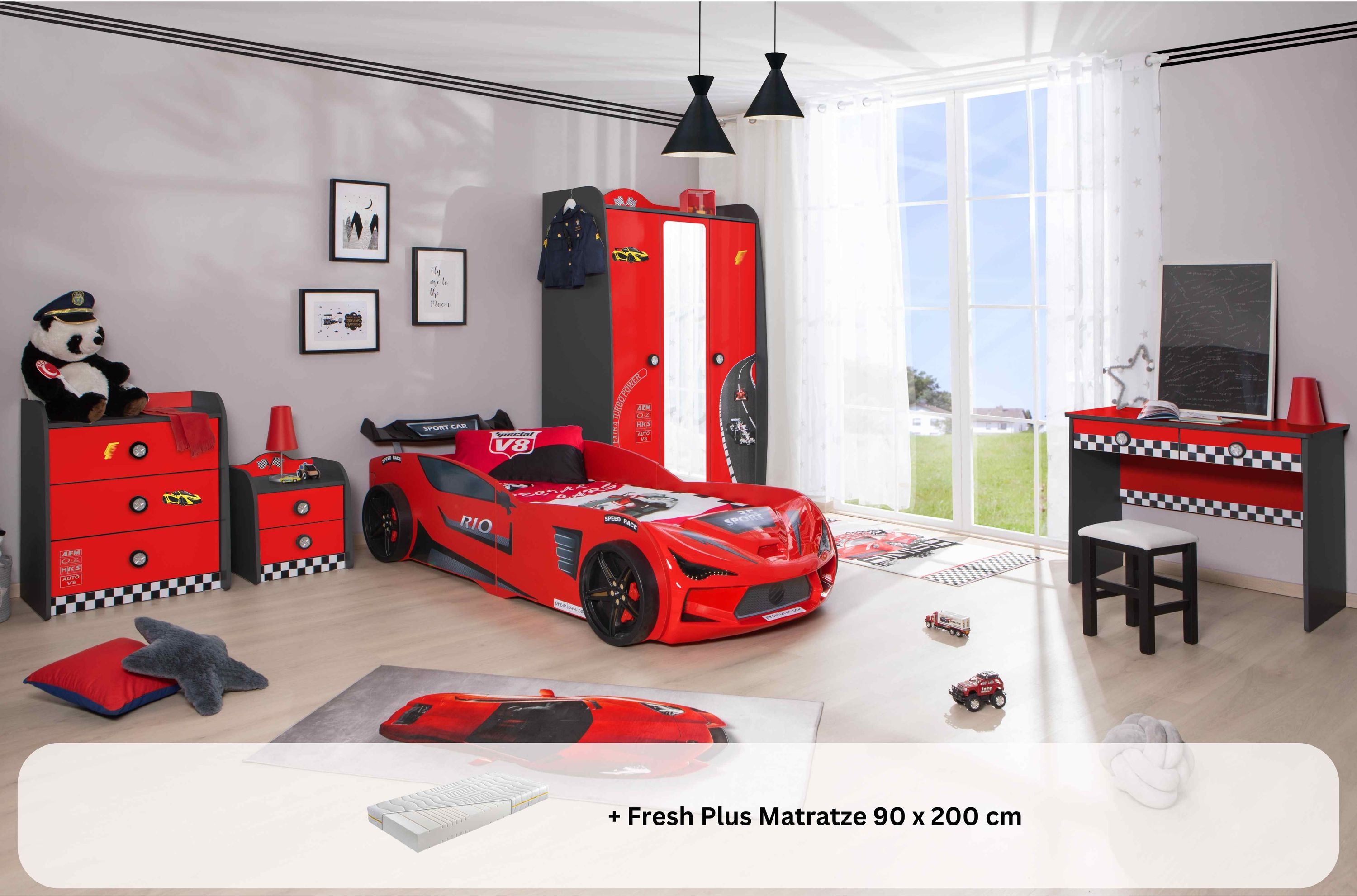 Kinderzimmer komplett Set Autobett Rio 5 teilig Rot 