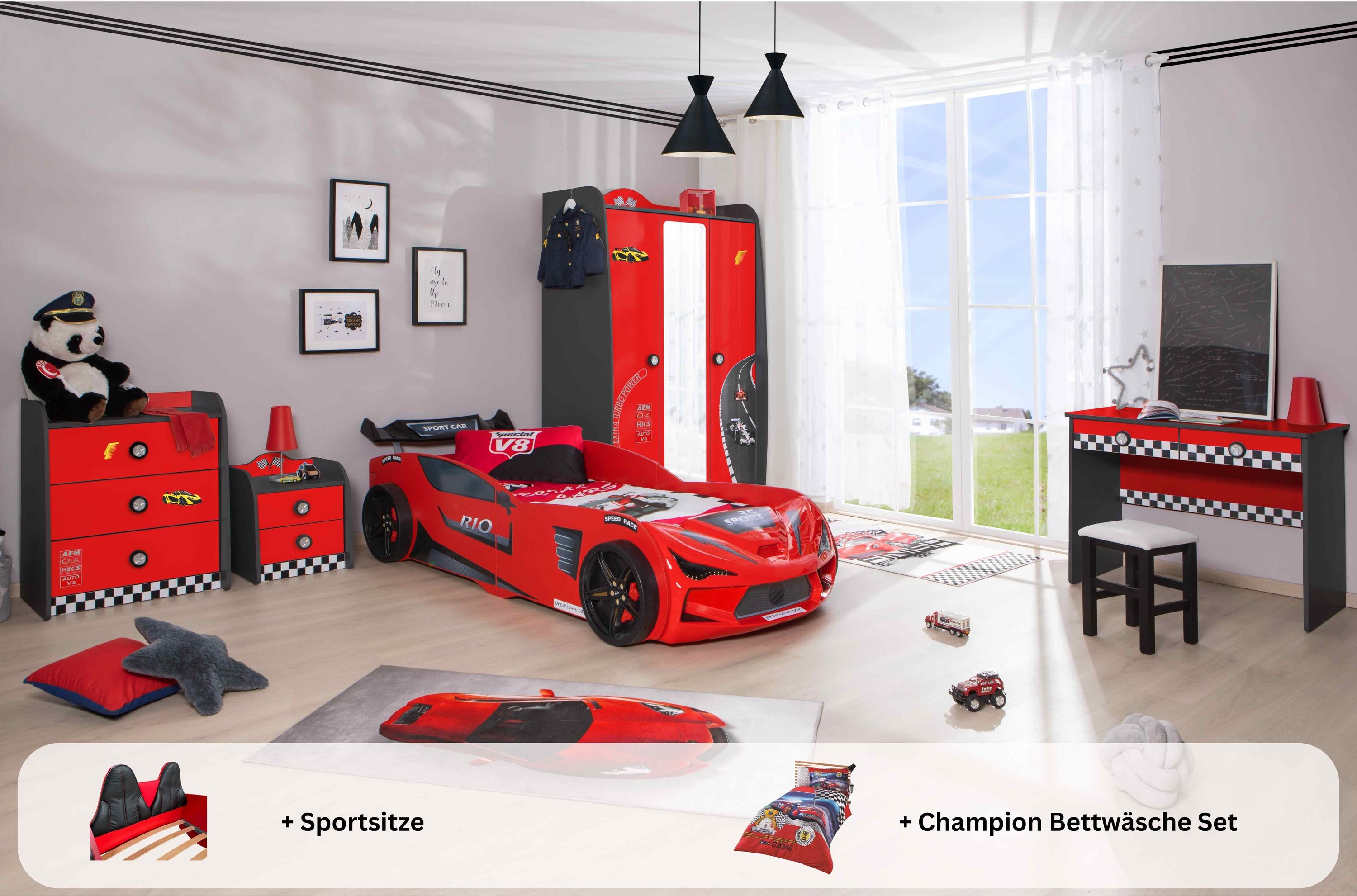 Kinderzimmer komplett Set Autobett Rio 5 teilig Rot 