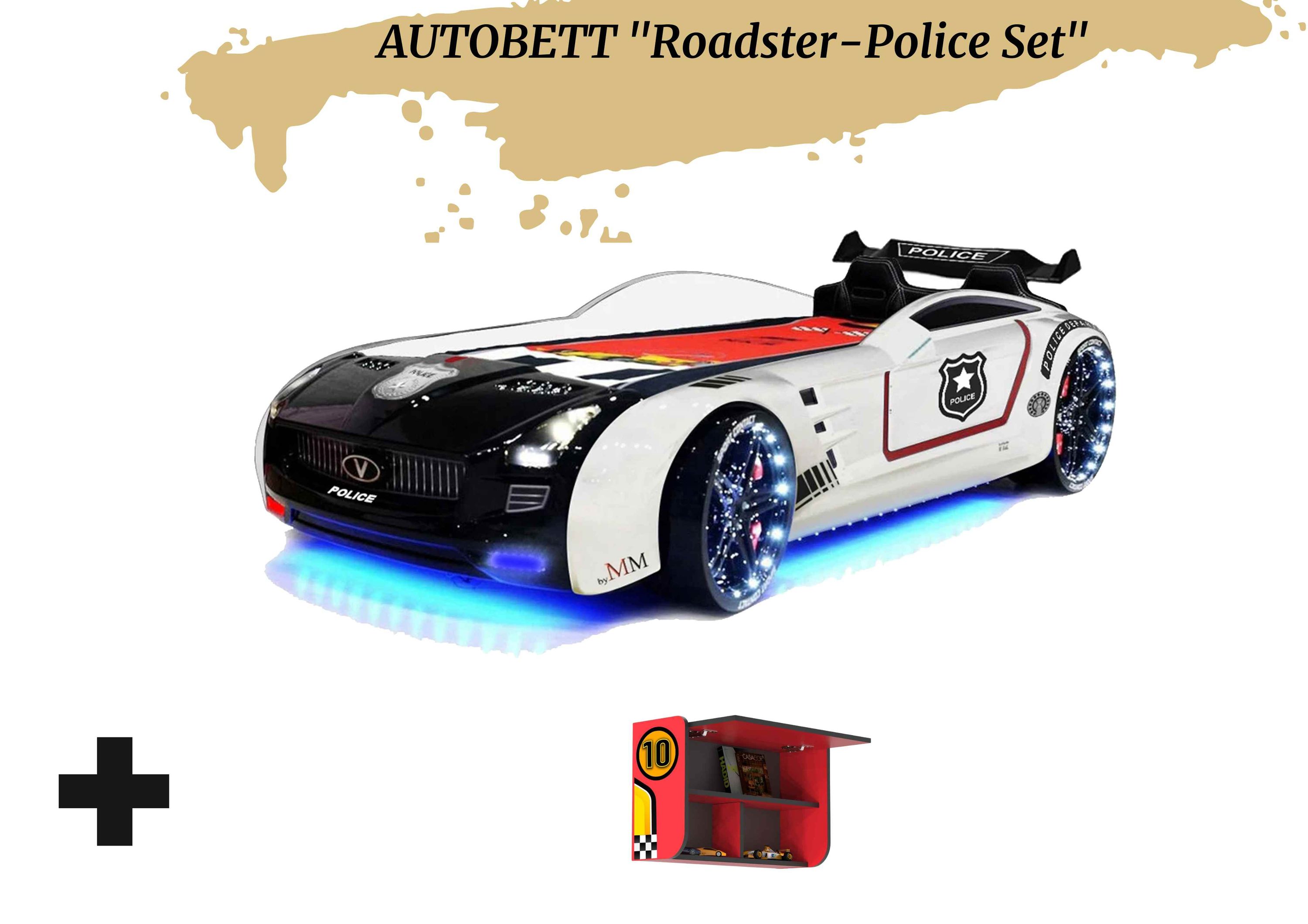 Autobett Kinderbett "Roadster Police" LED Sound Sportsitze Lattenrost Spoiler 90x190 cm 
