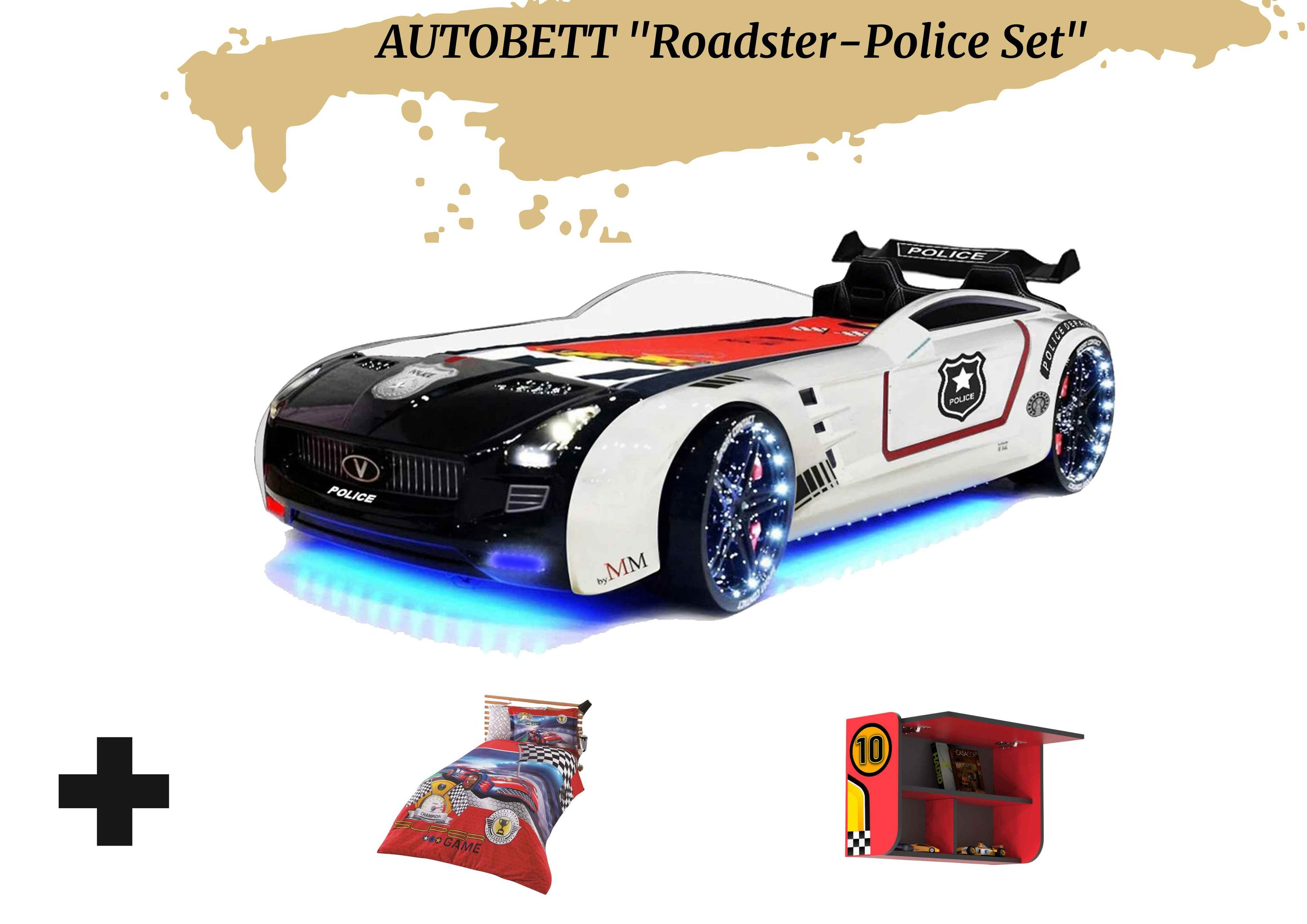 Autobett Kinderbett "Roadster Police" LED Sound Sportsitze Lattenrost Spoiler 90x190 cm 