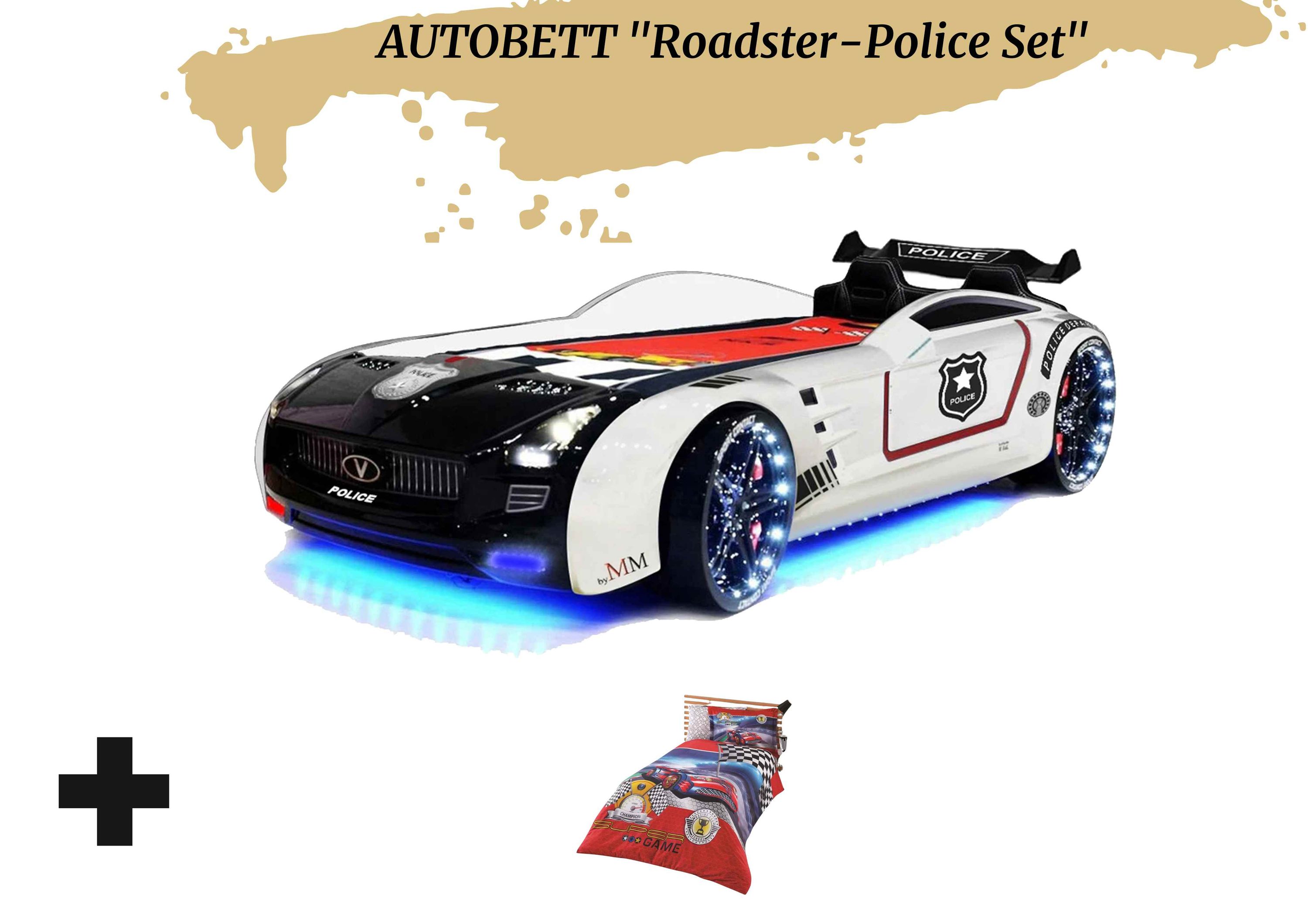 Autobett Kinderbett "Roadster Police" LED Sound Sportsitze Lattenrost Spoiler 90x190 cm 