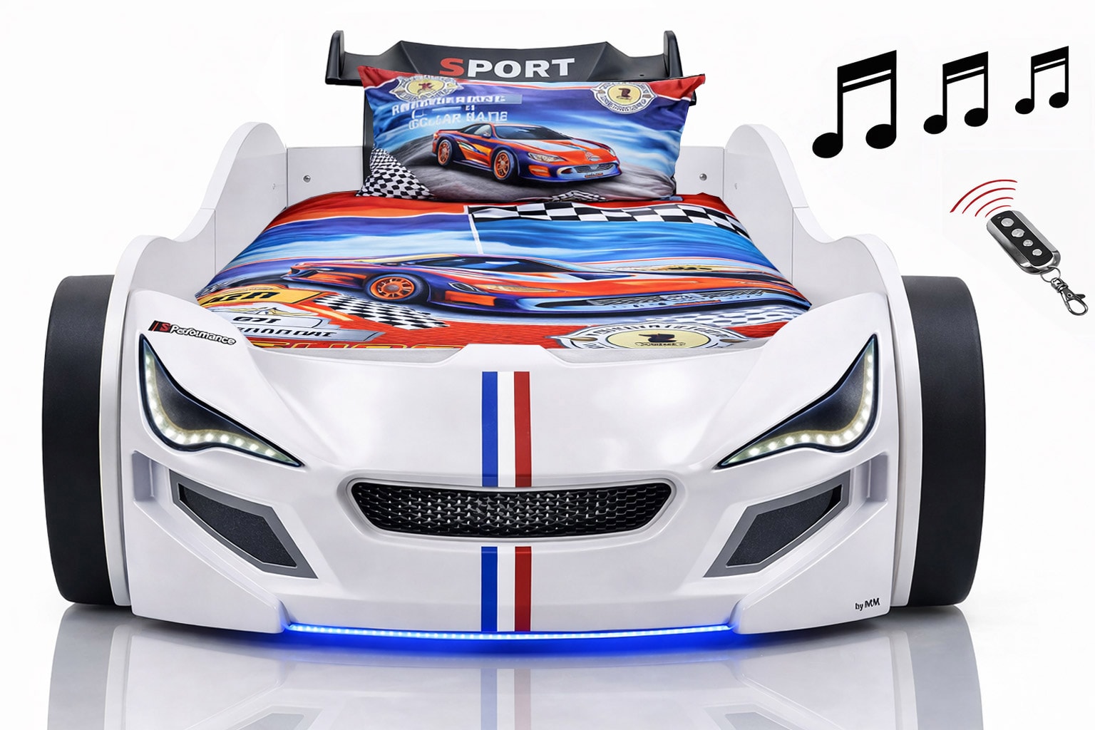 Autobett Kinder 90x200 Jungen LED Leuchte Unterbodenbeleuchtung Sound Fernbedienung 