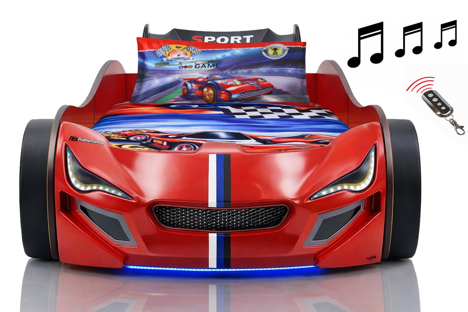 Autobett Kinder 90x200 Jungen LED Leuchte Unterbodenbeleuchtung Sound Fernbedienung 