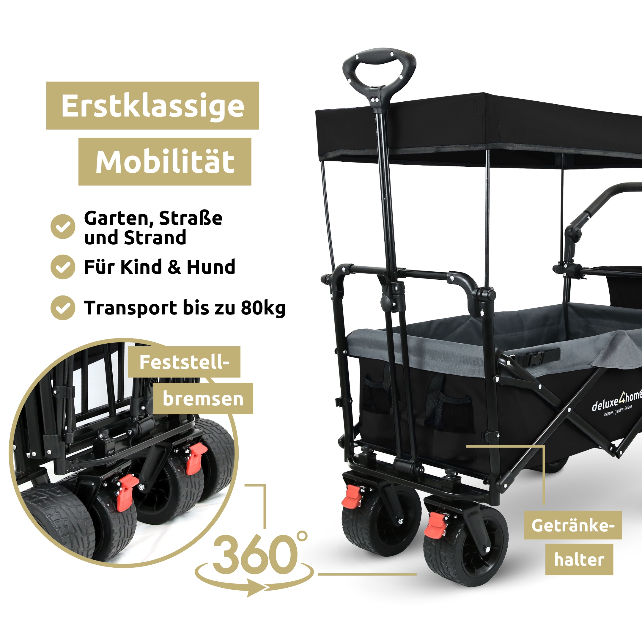 deluxe4home&reg; Bollerwagen faltbar mit Breiten Reifen und Dach | Schwarz/Grau 