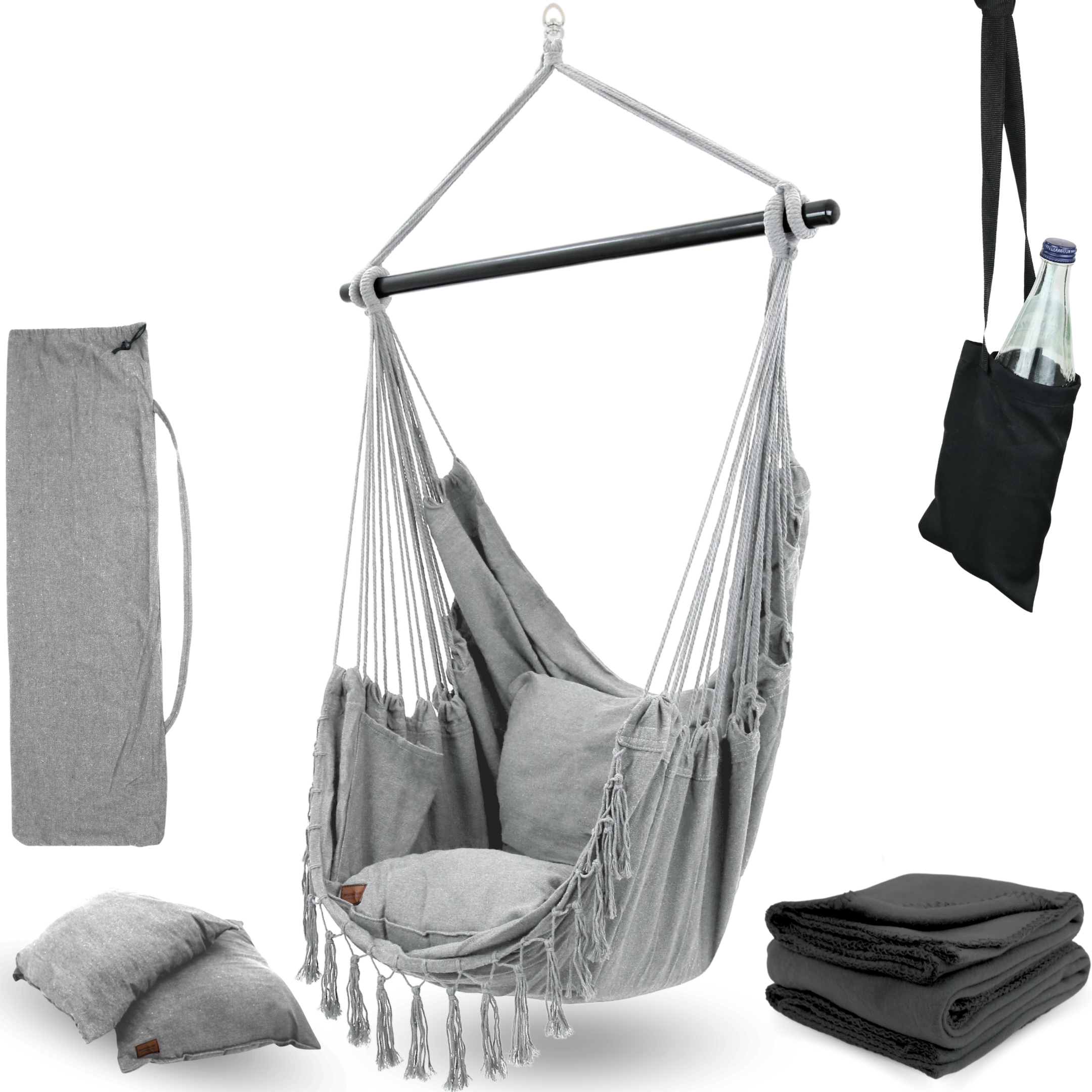 deluxe4home&reg; H&auml;ngesessel mit 2 Kissen, B&uuml;cherfach und Kuscheldecke | Hellgrau 