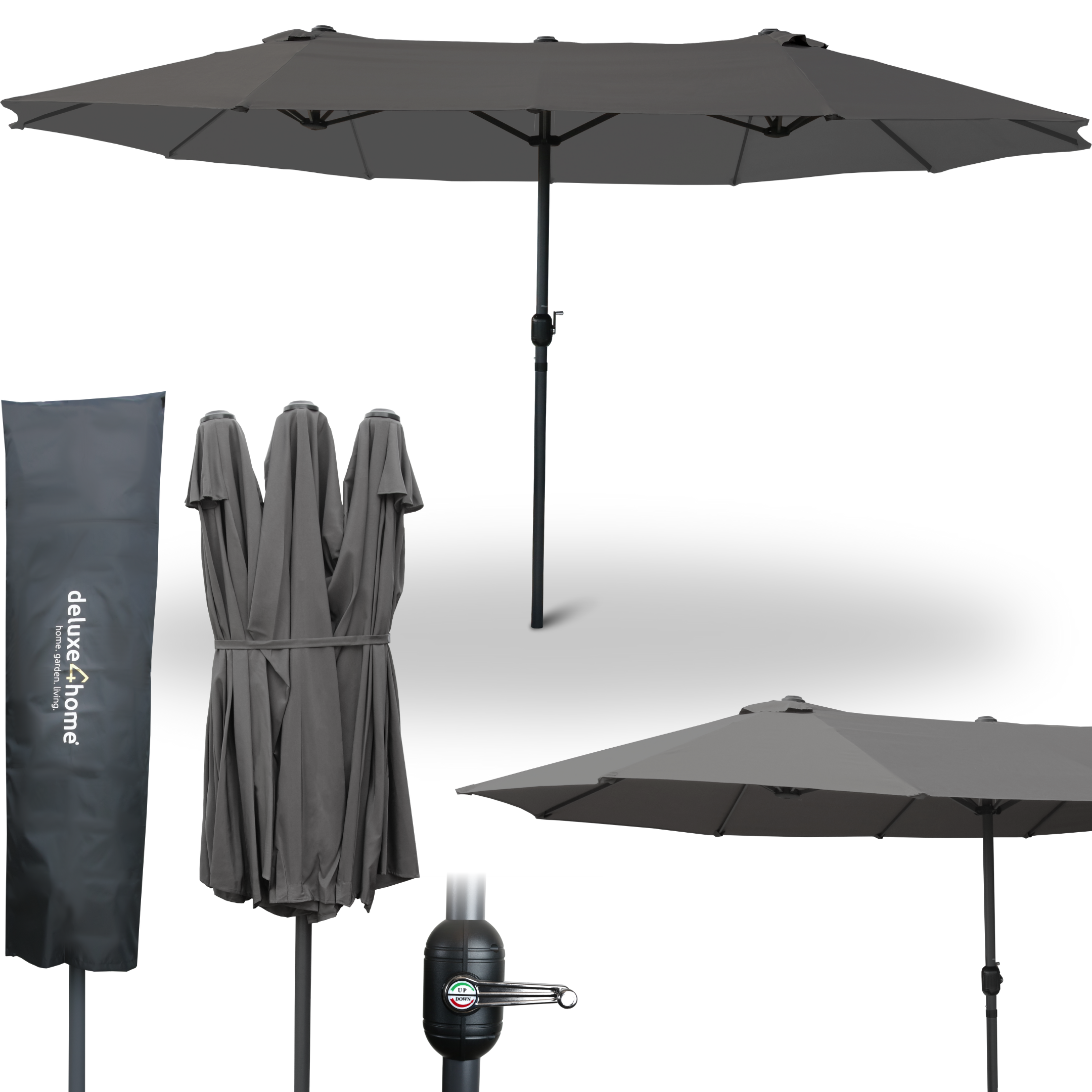 deluxe4home&reg; XXL Doppelsonnenschirm 450cm x 260cm mit Handkurbel | Anthrazit 