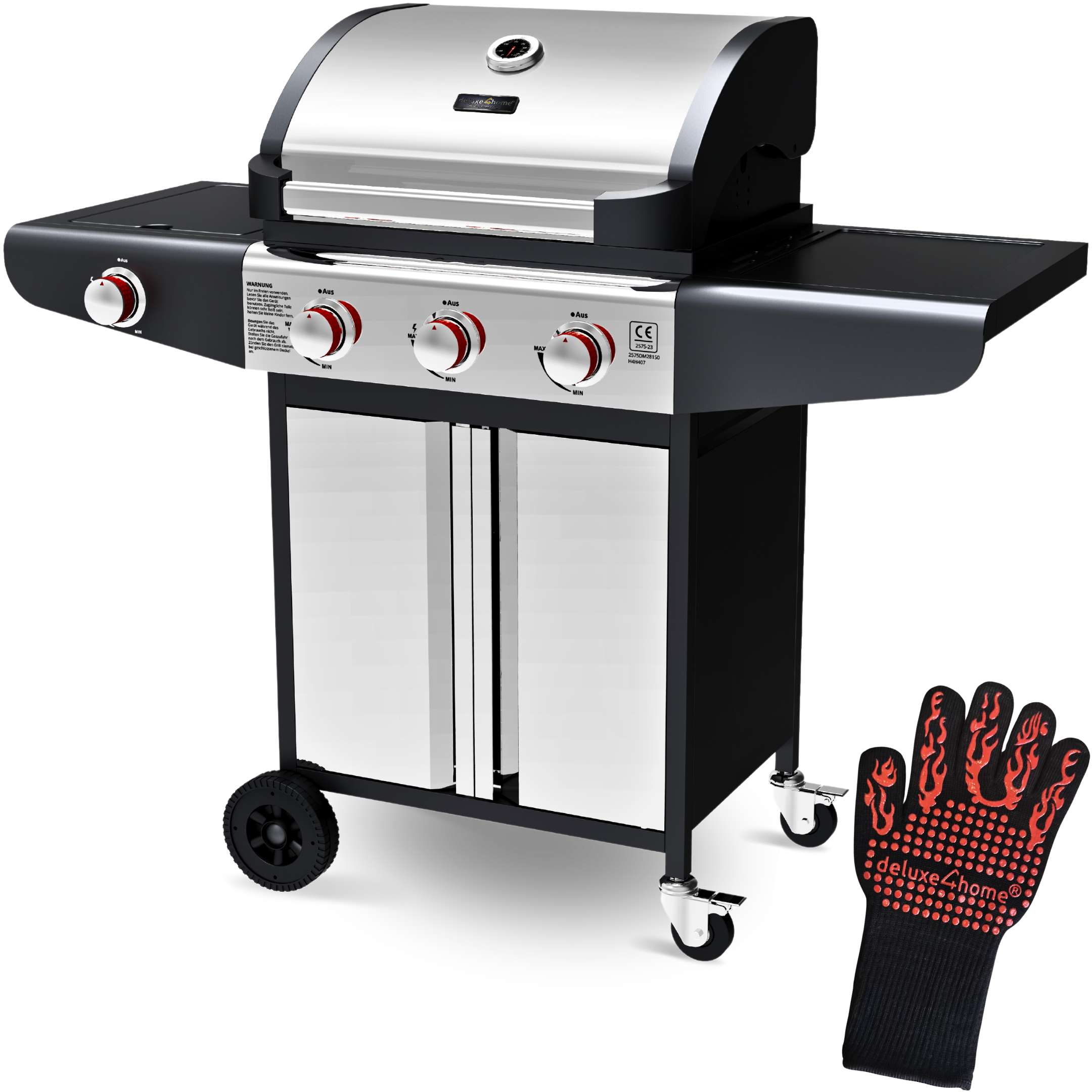 deluxe4home&reg; Grillwagen Gasgrill mit Deckel, 3 + 1 Seitenbrenner, Thermometer uvm. 