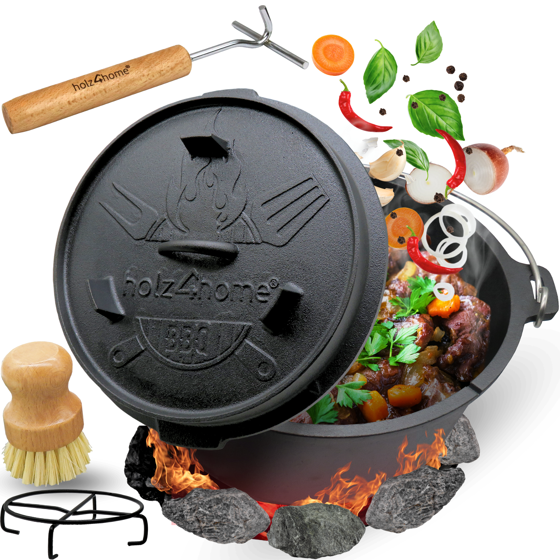 holz4home&reg; Dutch Oven I eingebrannter Feuertopf aus Gusseisen | 9 Liter 