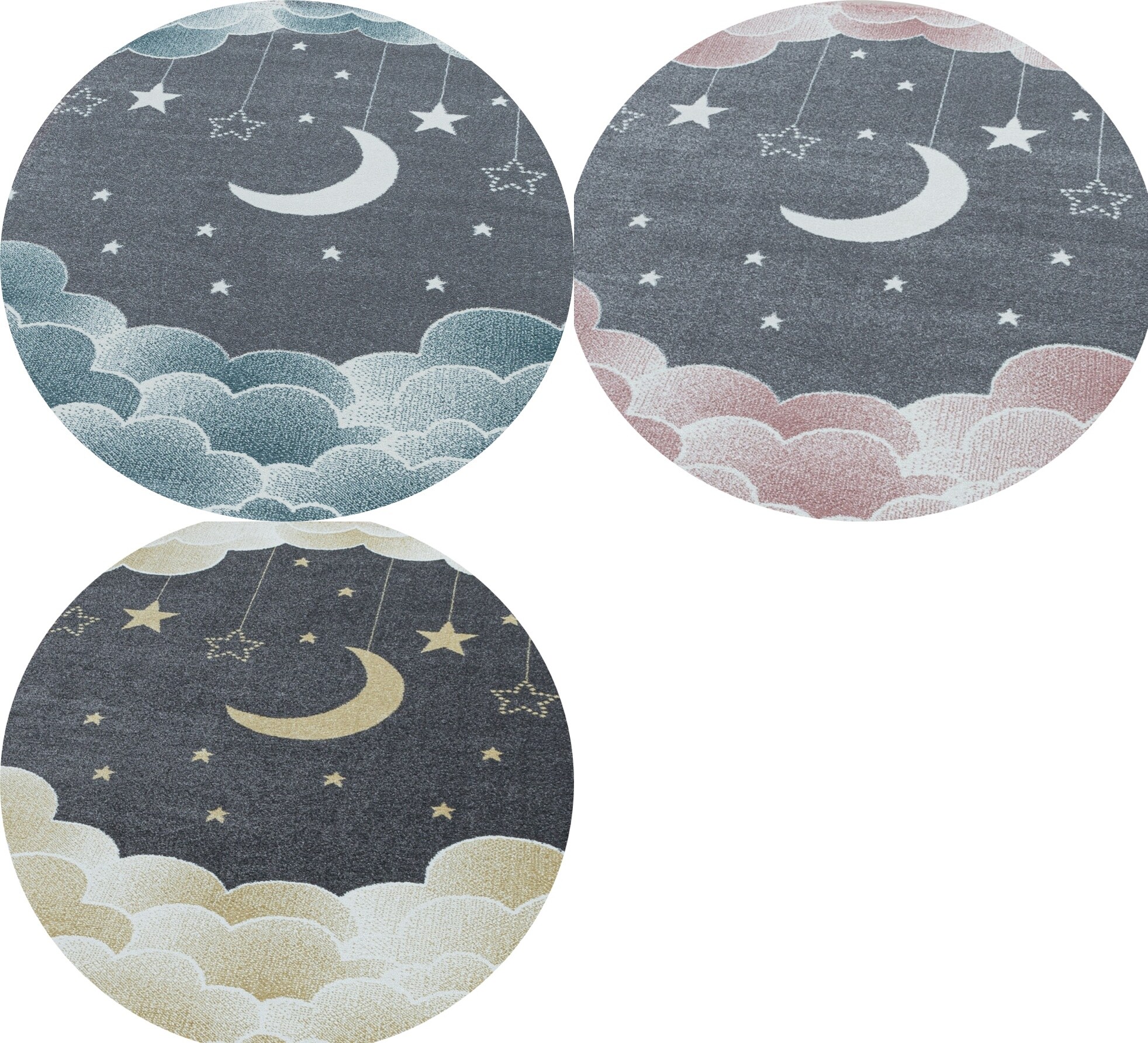 Kinderteppich Kurzflor, Mond- und Sternenmuster, Runder Teppich, Pastellfarben 