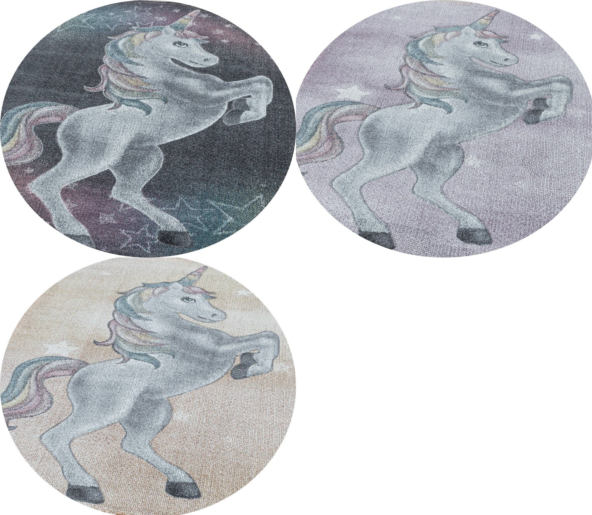 Kinderteppich Kurzflor, Modernes Einhorn Design, Runder Teppich, Pflegeleicht 