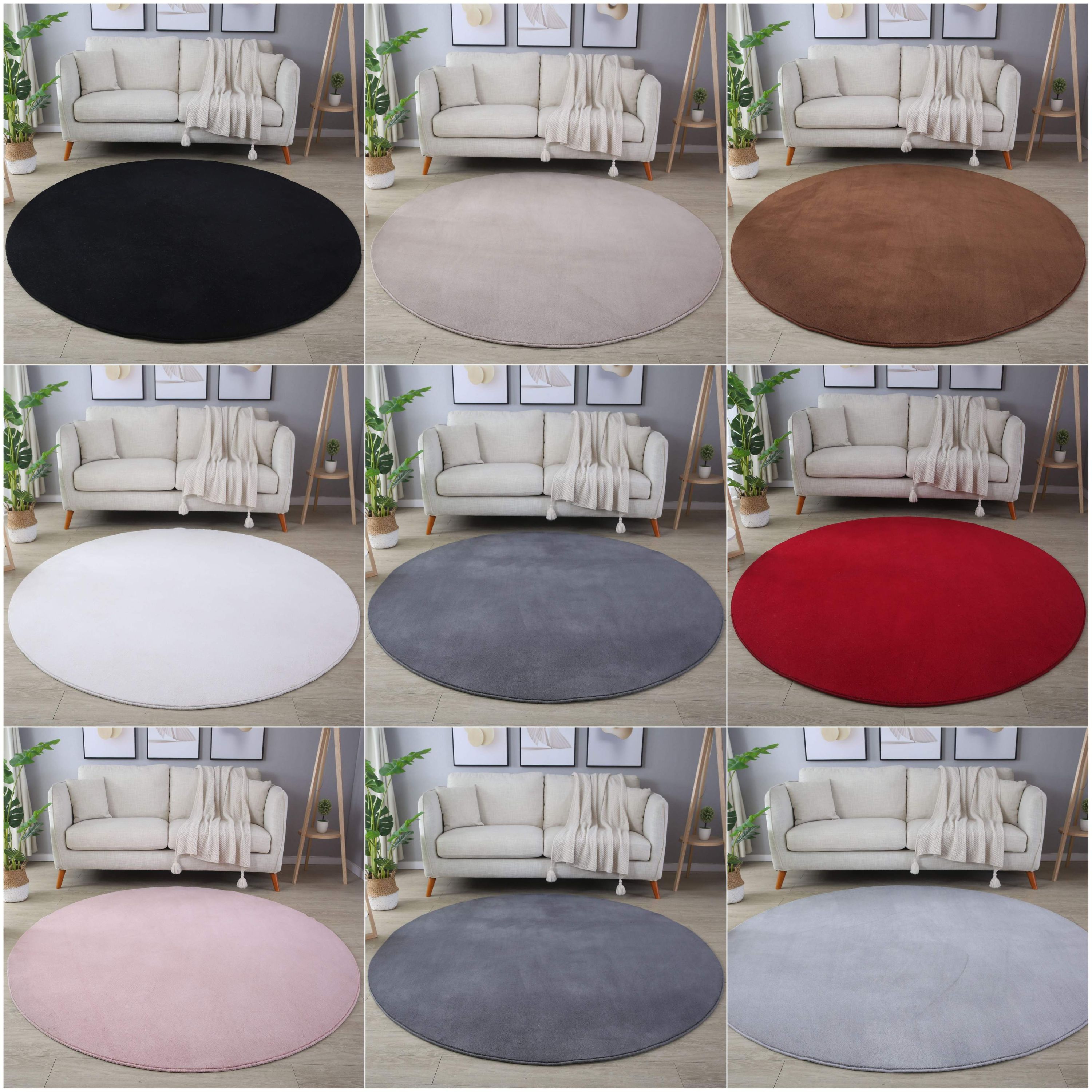 Waschbarer Runde Teppich, Kurzflor Flauschig Weich, Einfarbig, Felloptik, Soft 