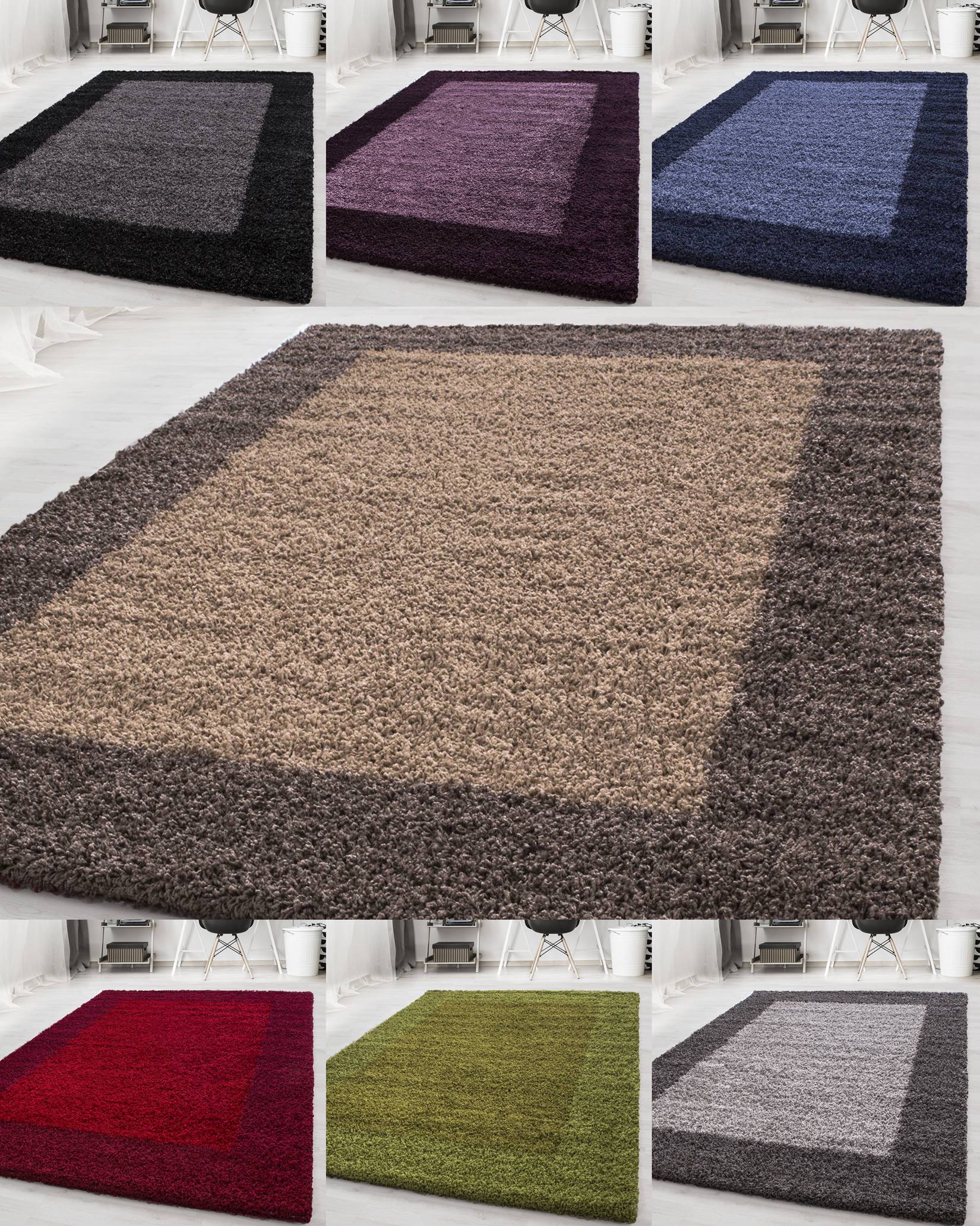 Designer Hochflor Teppich, Langflor Shaggy Teppich 2 farbig Bord&uuml;re Muster 