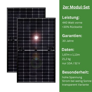 2x 440+ Watt Premium Hochleistungsmodul – Doppelglas transparent Variante zur Stromerzeugung von beiden Seiten (bifazial) 