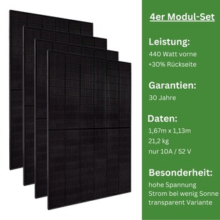 4x 440+ Watt Premium Hochleistungsmodul – Doppelglas transparent Variante zur Stromerzeugung von beiden Seiten (bifazial) 