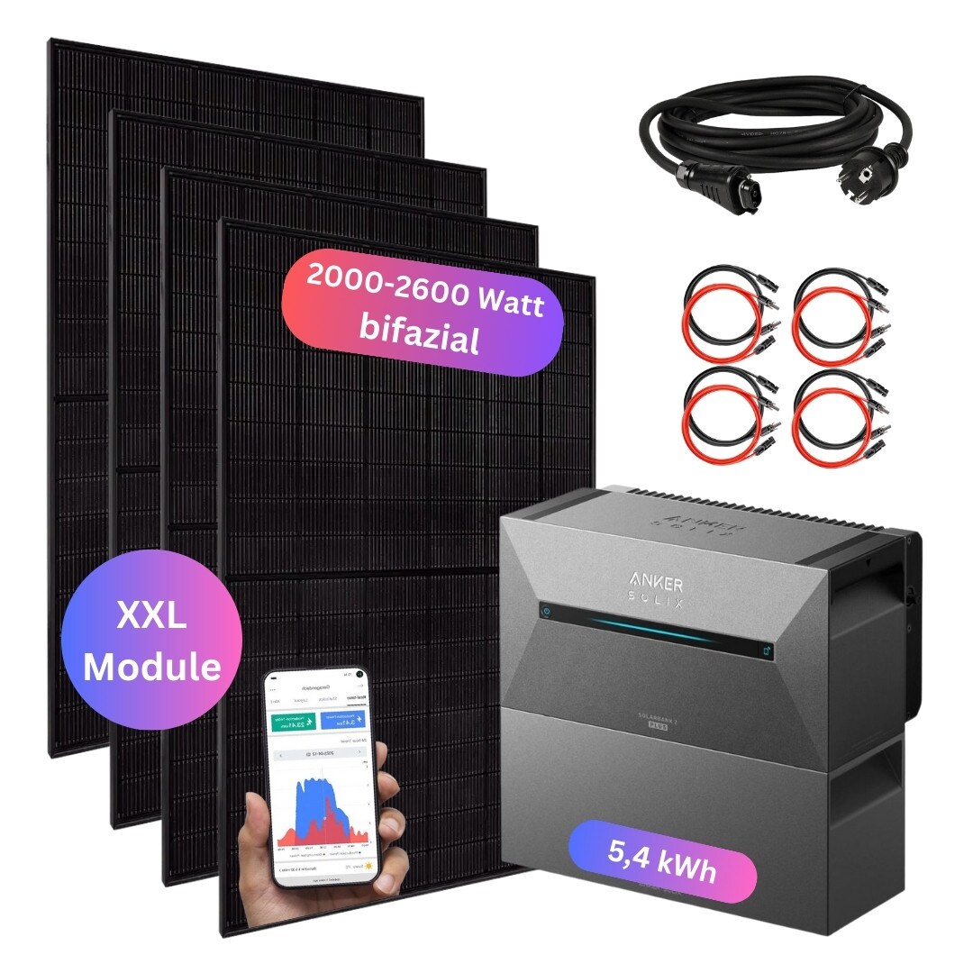 MYVOLTAICS XXL 2000+ Watt Watt Balkonkraftwerk mit Speicher Anker SOLIX Solarbank 3 5,4 kWh Komplettset bifazial 800W WLAN