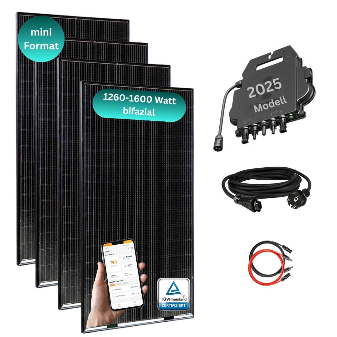 MYVOLTAICS MyBasic 1260+ Watt Mini-Format Balkonkraftwerk 1,65m x 0,88m Glas-Module bifazial WLAN Wechselrichter 800W App