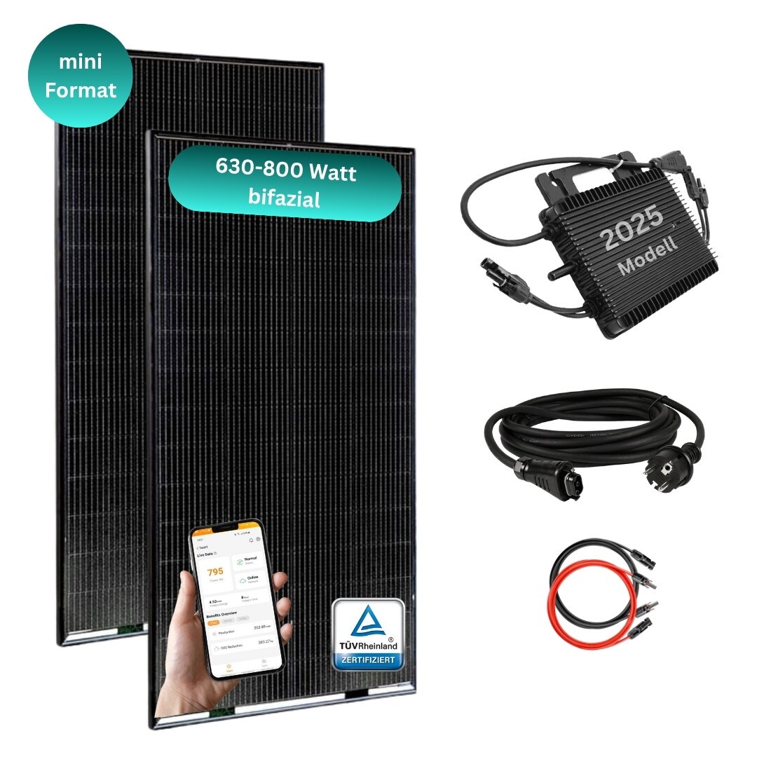 MYVOLTAICS MyBasic 630+ Watt Mini-Format Balkonkraftwerk 1,65m x 0,88m Glas-Module bifazial WLAN Wechselrichter 800W App