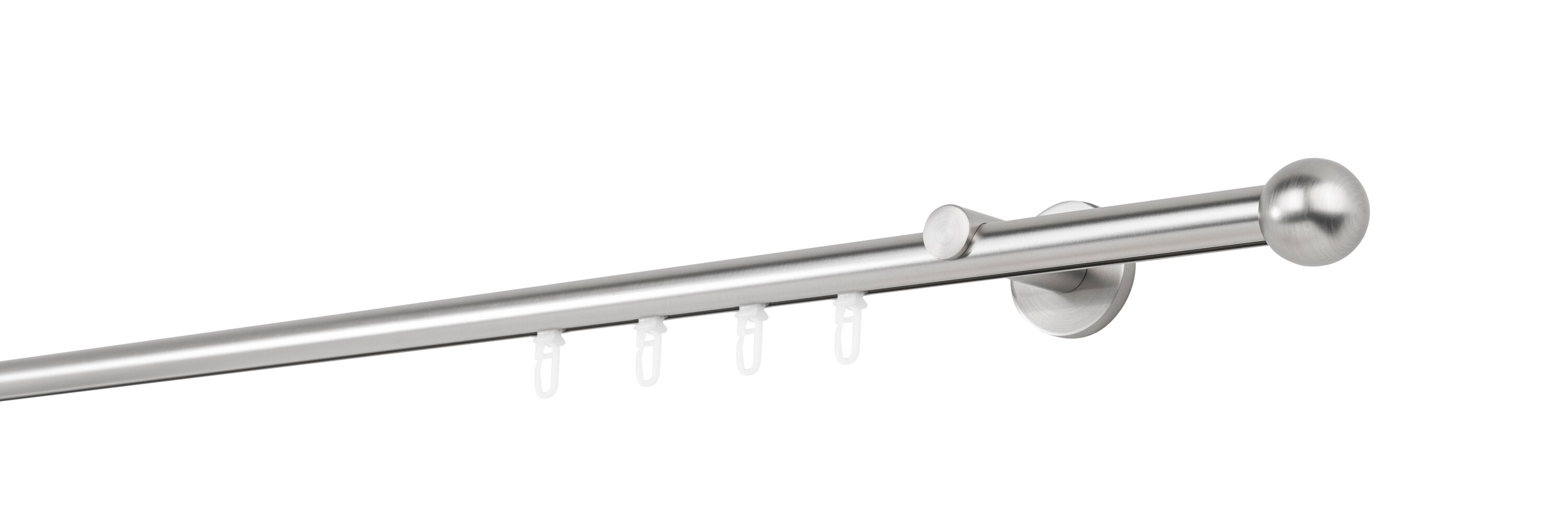 Ondeco Gardinenstange auf Ma&szlig; Innenlauf 20mm Ball 1-lauf  Wandtr&auml;ger 6,5cm mit Gleiter Farbe: Edelstahl-Optik, Gr&ouml;&szlig;e: 200cm 