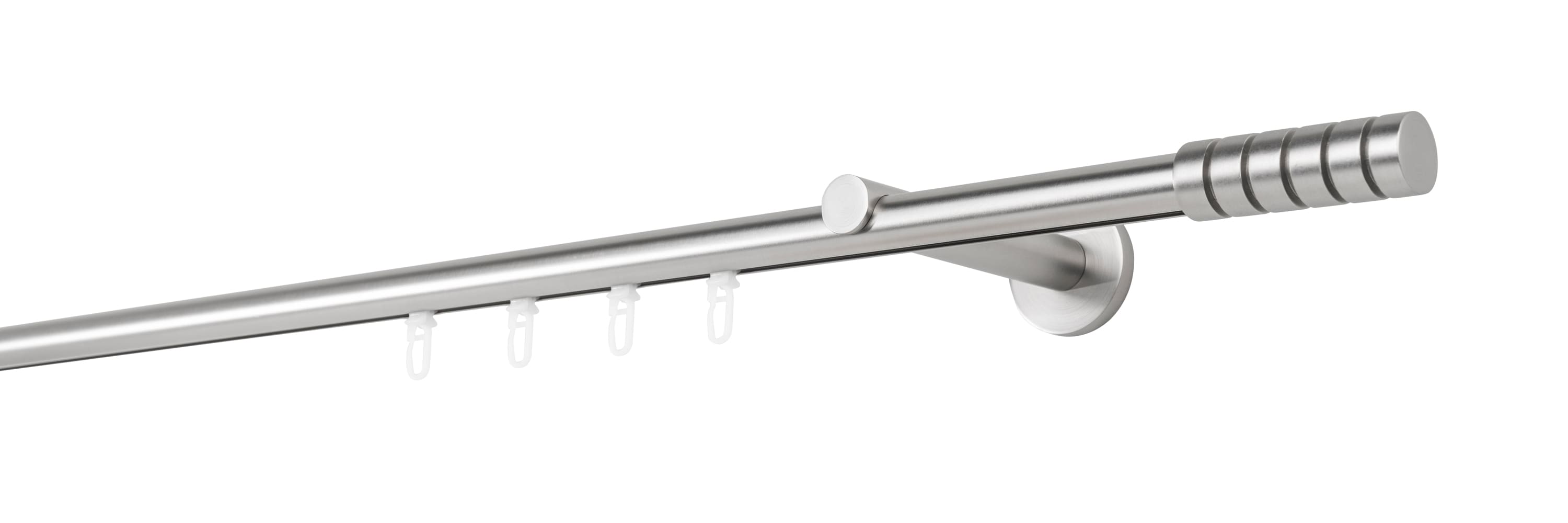 Ondeco Gardinenstange auf Ma&szlig; Innenlauf 20mm Rille 1-lauf  Wandtr&auml;ger 12cm mit Gleiter Farbe: Edelstahl-Optik, Gr&ouml;&szlig;e: 130cm 