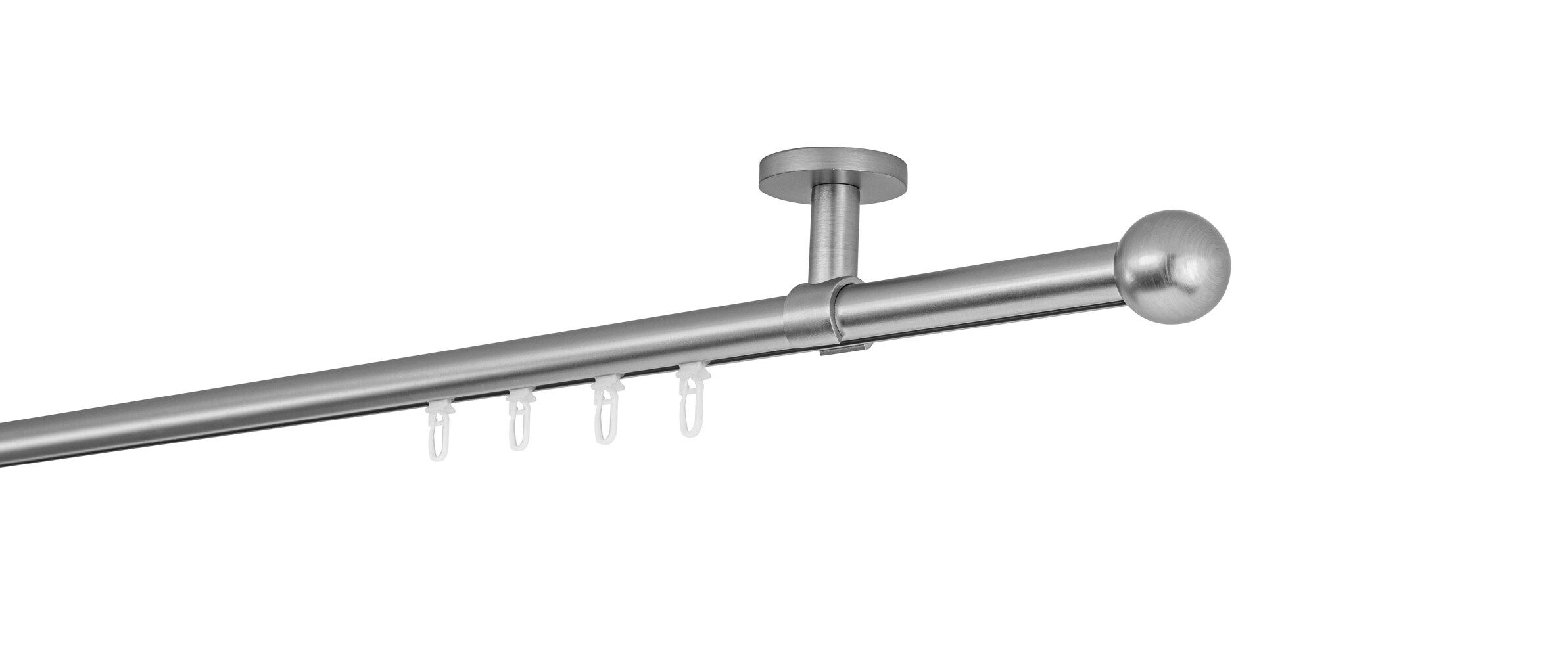 Ondeco Gardinenstange auf Ma&szlig; Innenlauf 20mm Ball 1-lauf Deckentr&auml;ger 4cm mit Gleiter Farbe: Edelstahl-Optik, Gr&ouml;&szlig;e: 100cm 