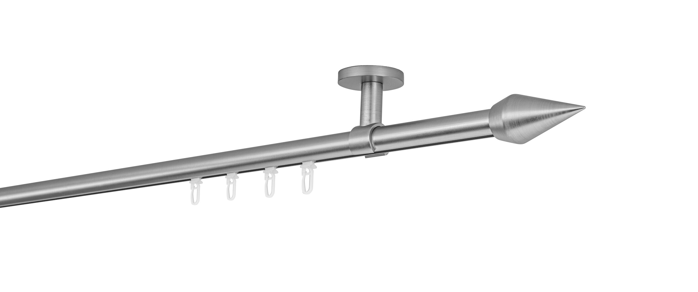 Ondeco Gardinenstange auf Ma&szlig; Innenlauf 20mm Kegel 1-lauf Deckentr&auml;ger 4cm mit Gleiter Farbe: Edelstahl-Optik, Gr&ouml;&szlig;e: 100cm 