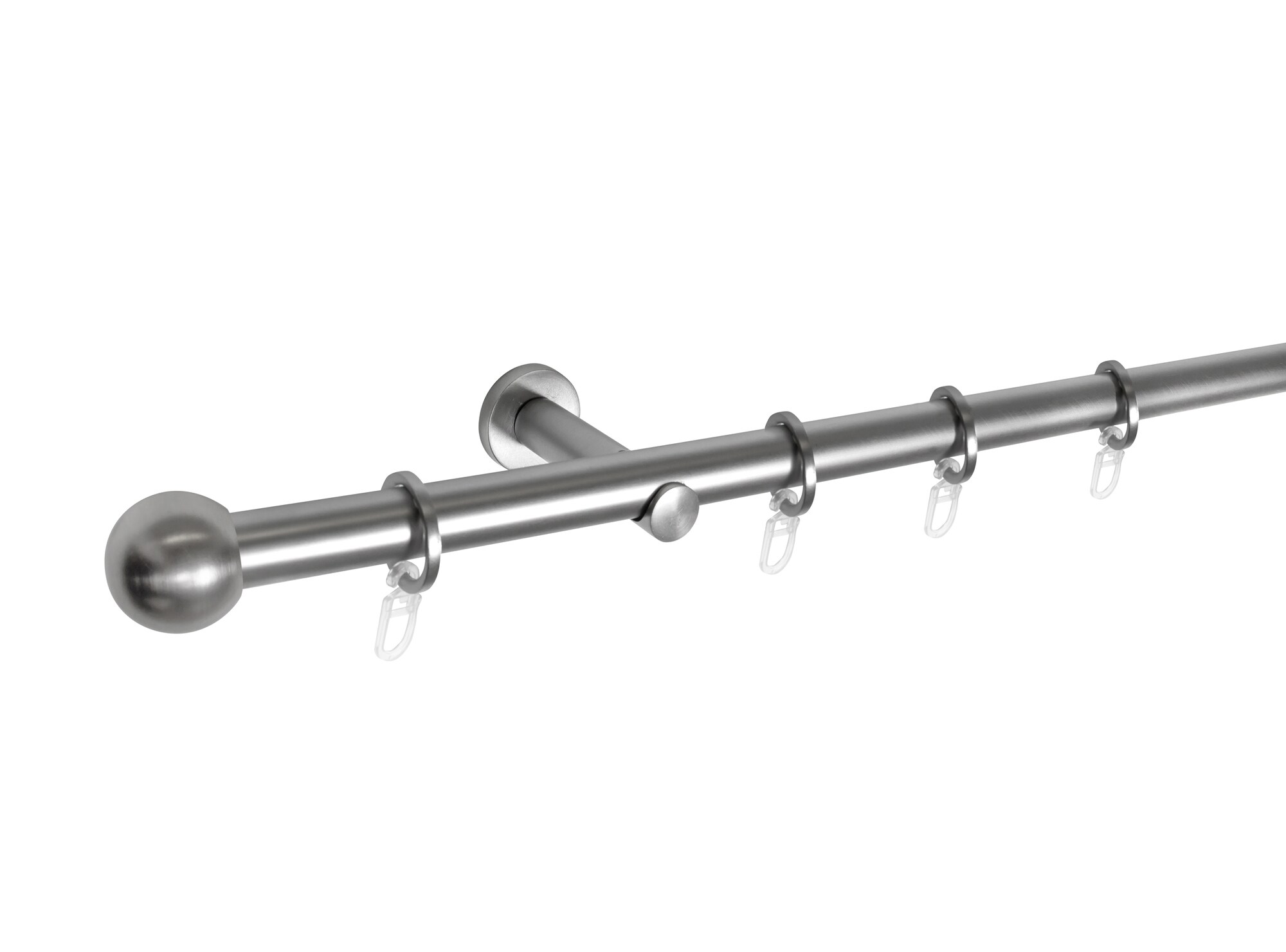 Ondeco Gardinenstange 1-lauf  Wandmontage Endst&uuml;ck Ball Komplettgarnitur 16 mm mit Ringen und Faltelegehaken Farbe: Edelstahl-Optik, Gr&ouml;&szlig;e: 120 cm 