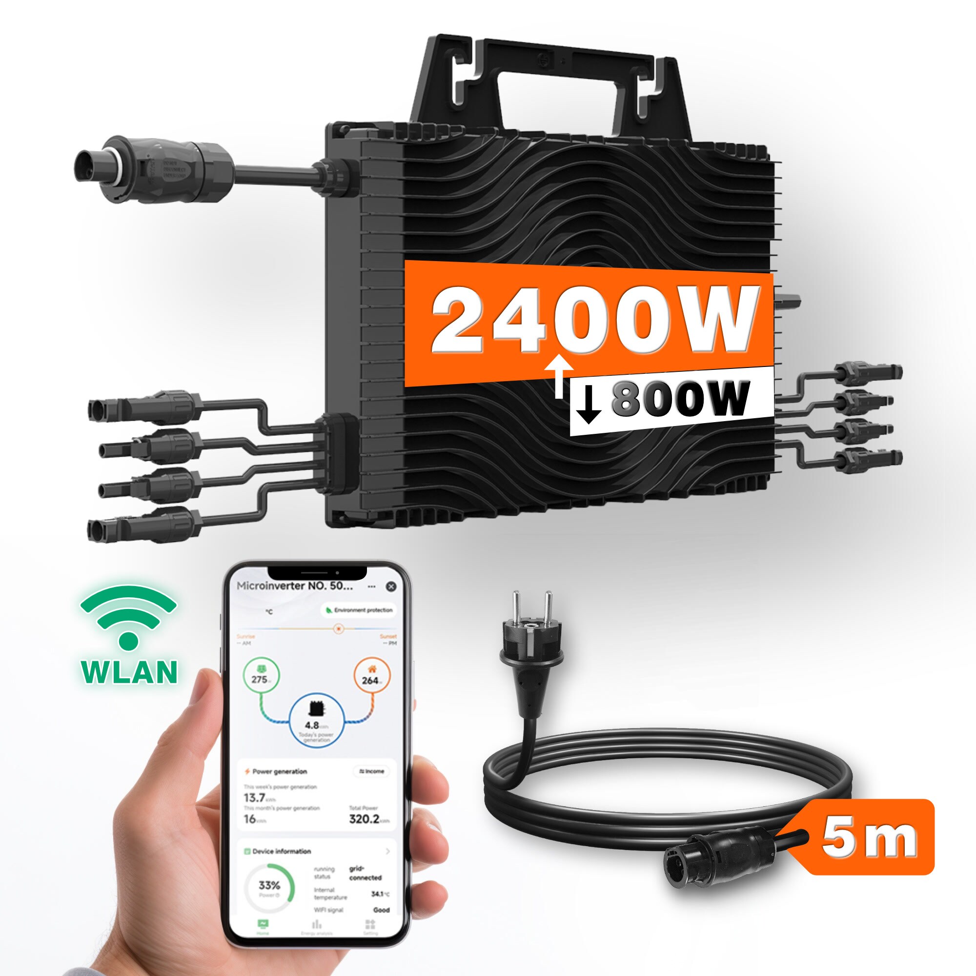 2400W Mikrowechselrichter Set mit 5m Kabel, f&uuml;r 4 Module, WLAN & Bluetooth, einstellbare Leistung 800W 