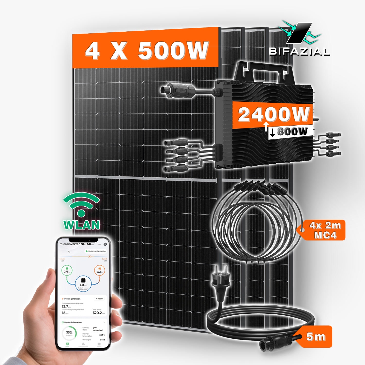 2000W Balkonkraftwerk Set 4 Module - 500W bifaziale Solarmodule + 2400W Wechselrichter - WiFi - VDE zertifiziert - Plug & Play 