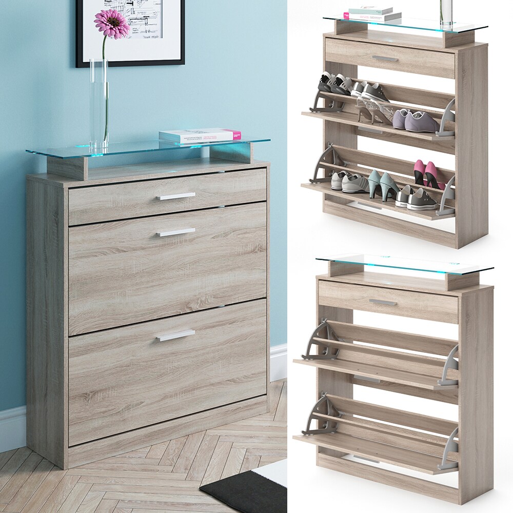 Vicco Schuhkipper Alex LED Schuhschrank 2 F&auml;cher Schuhregal Wei&szlig; Hochglanz / Sonoma 