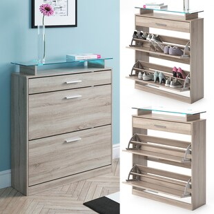 Vicco Schuhkipper Alex LED Schuhschrank 2 Fächer Schuhregal Weiß Hochglanz / Sonoma 