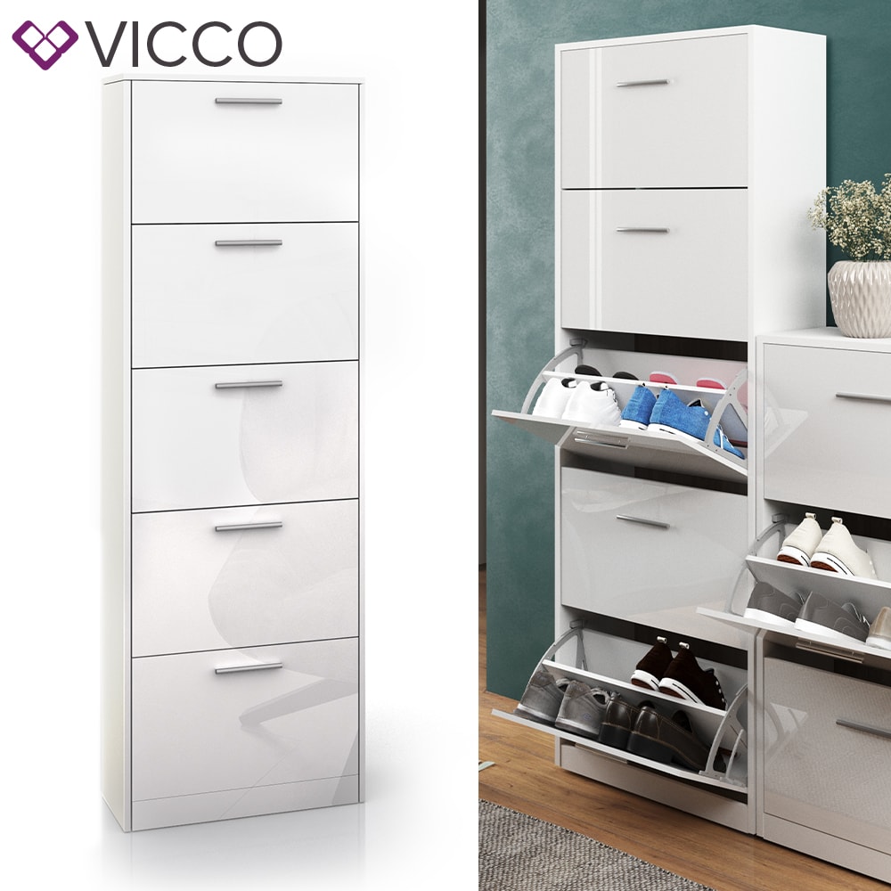Vicco Schuhschrank Gizmo Schuhkipper Schuhregal Regal 5 F&auml;cher Wei&szlig; Hochglanz 