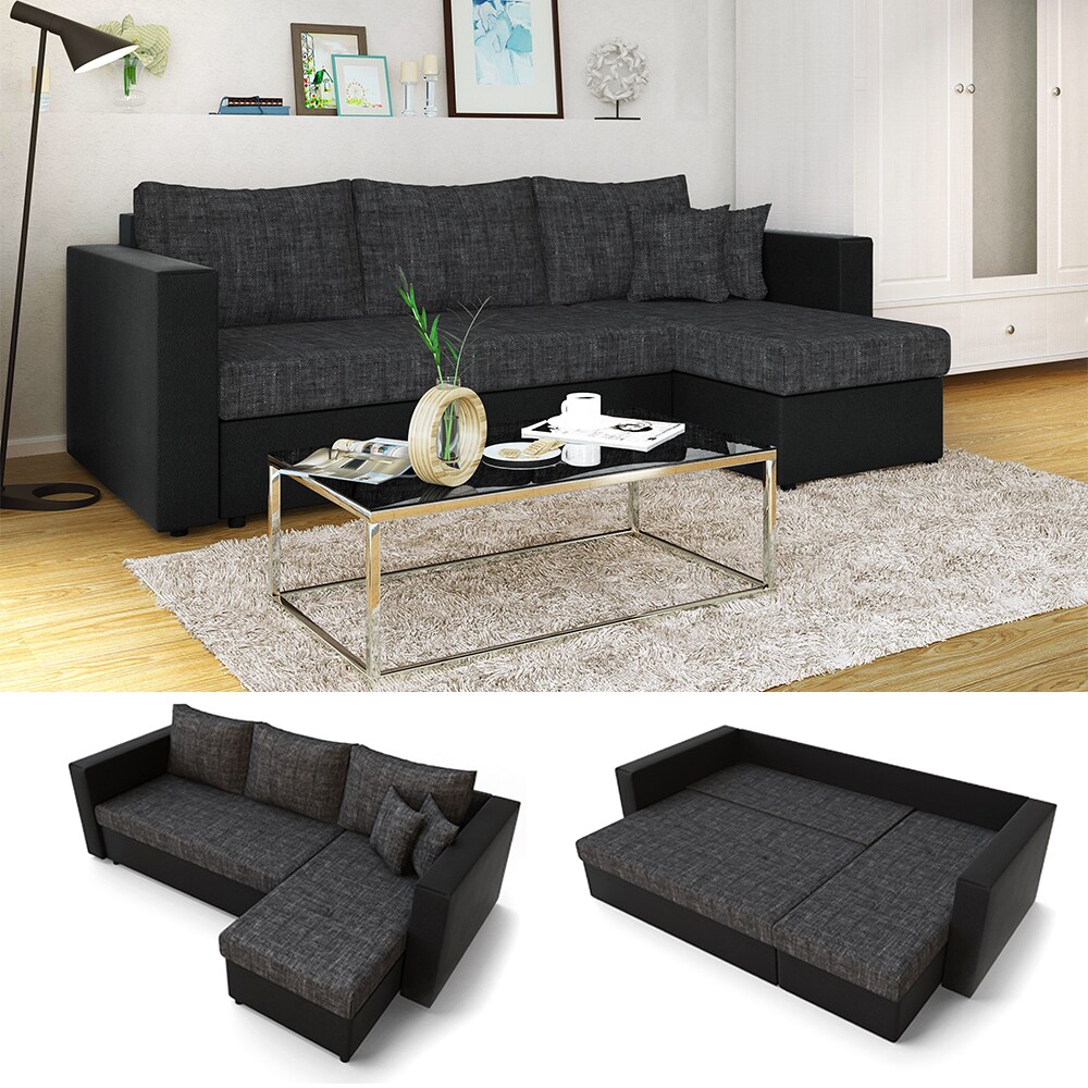 Vicco Ecksofa mit Schlaffunktion Sofa Couch Schlafsofa Bettfunktion Taschenfederkern Grau Schwarz 