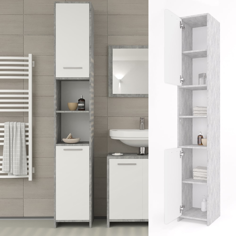 VICCO Badschrank KIKO 190 x 30 cm Wei&szlig; Grau Beton - Hochschrank Regal Badregal 