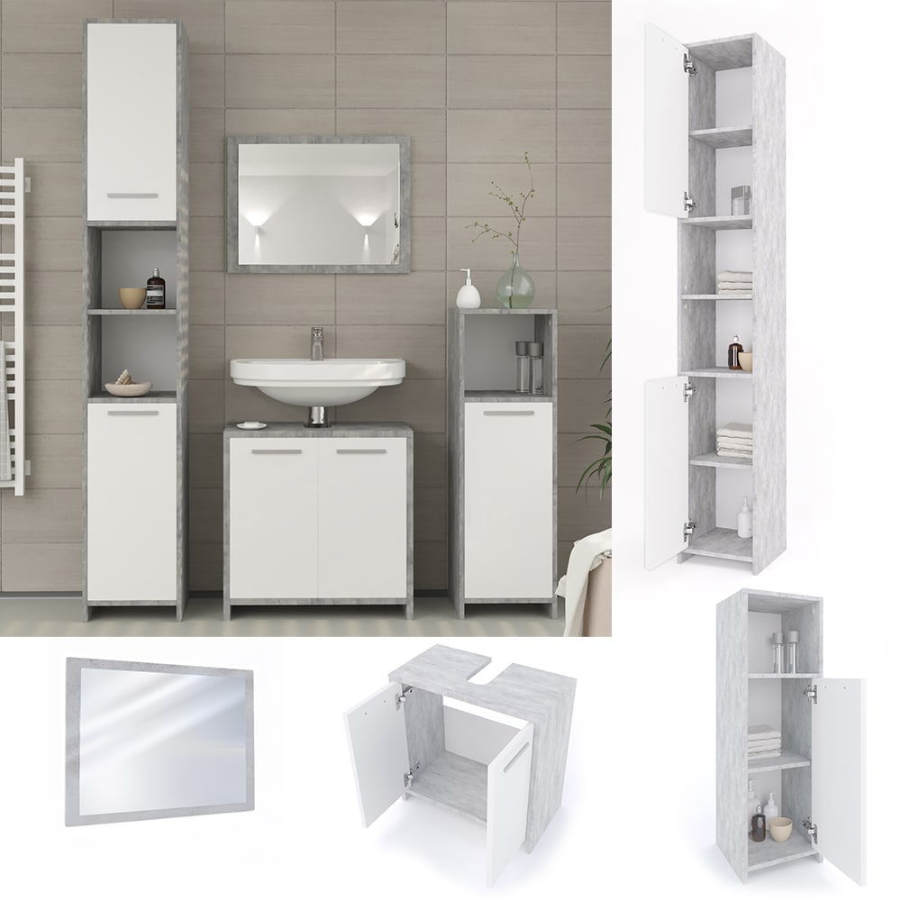 Vicco Badm&ouml;bel Set Kiko Badezimmer Spiegel Kommode Unterschrank Wei&szlig; / Beton 