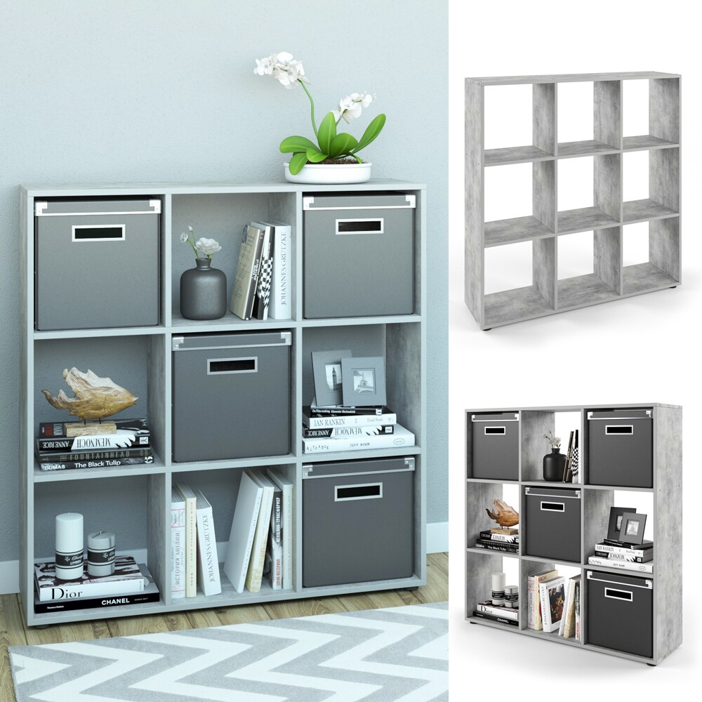 VICCO Raumteiler NOVE 9 F&auml;cher Grau Beton - W&uuml;rfelregal Raumtrenner Standregal 