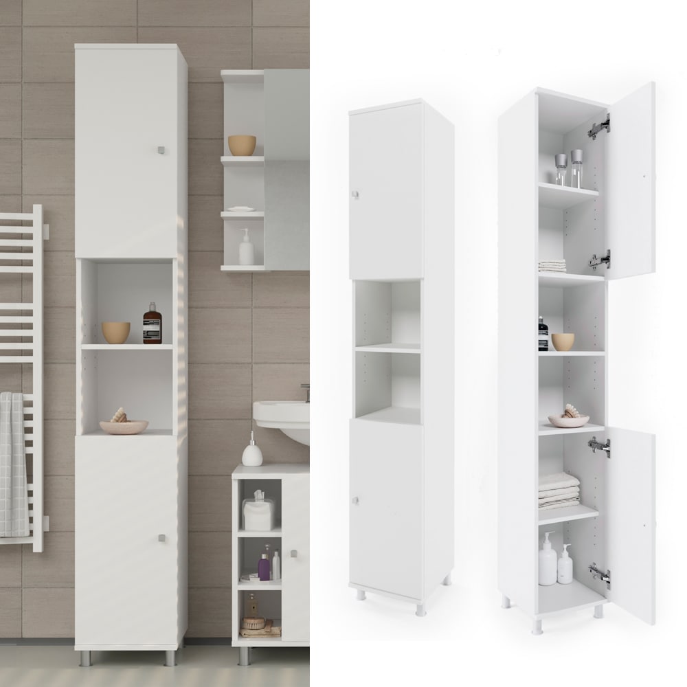 VICCO Badschrank FYNN 190 x 30 cm Wei&szlig; - Badezimmerschrank Hochschrank Badregal 