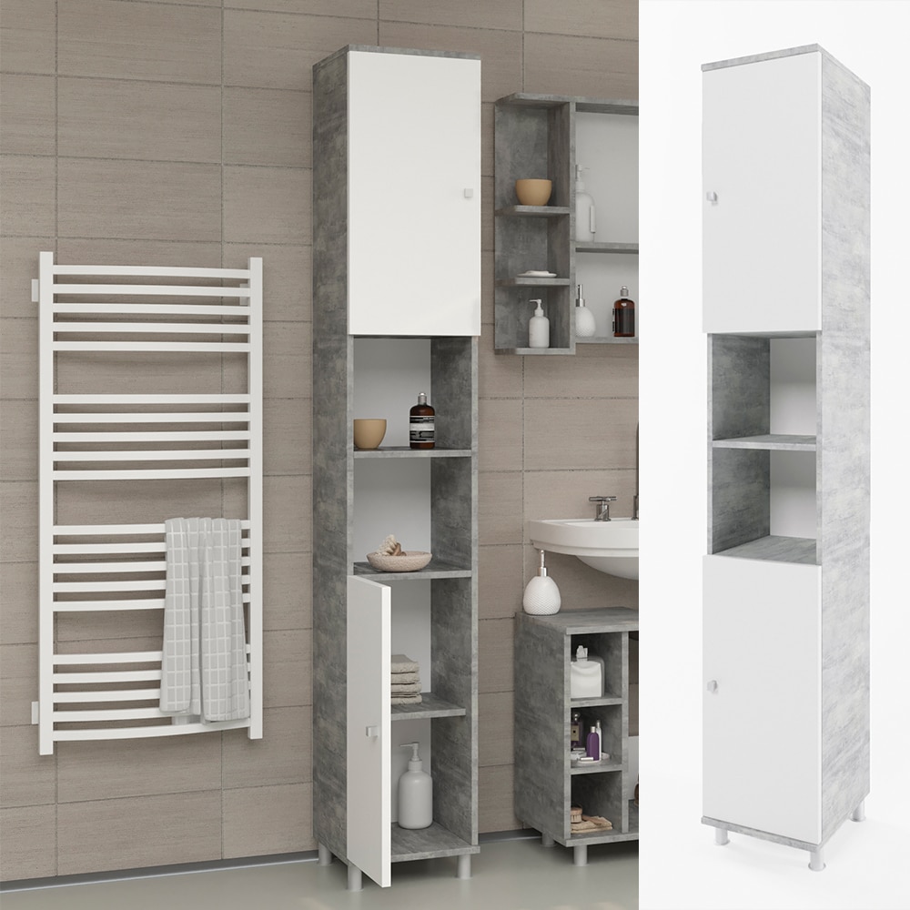 VICCO Badschrank FYNN Wei&szlig; / Grau Beton - Badezimmerschrank Hochschrank Badregal 