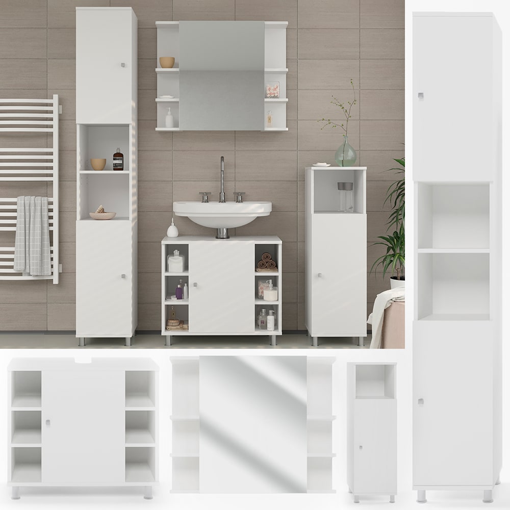 Vicco Badm&ouml;bel Set Fynn Badezimmer Spiegel Kommode Unterschrank Bad Wei&szlig; 