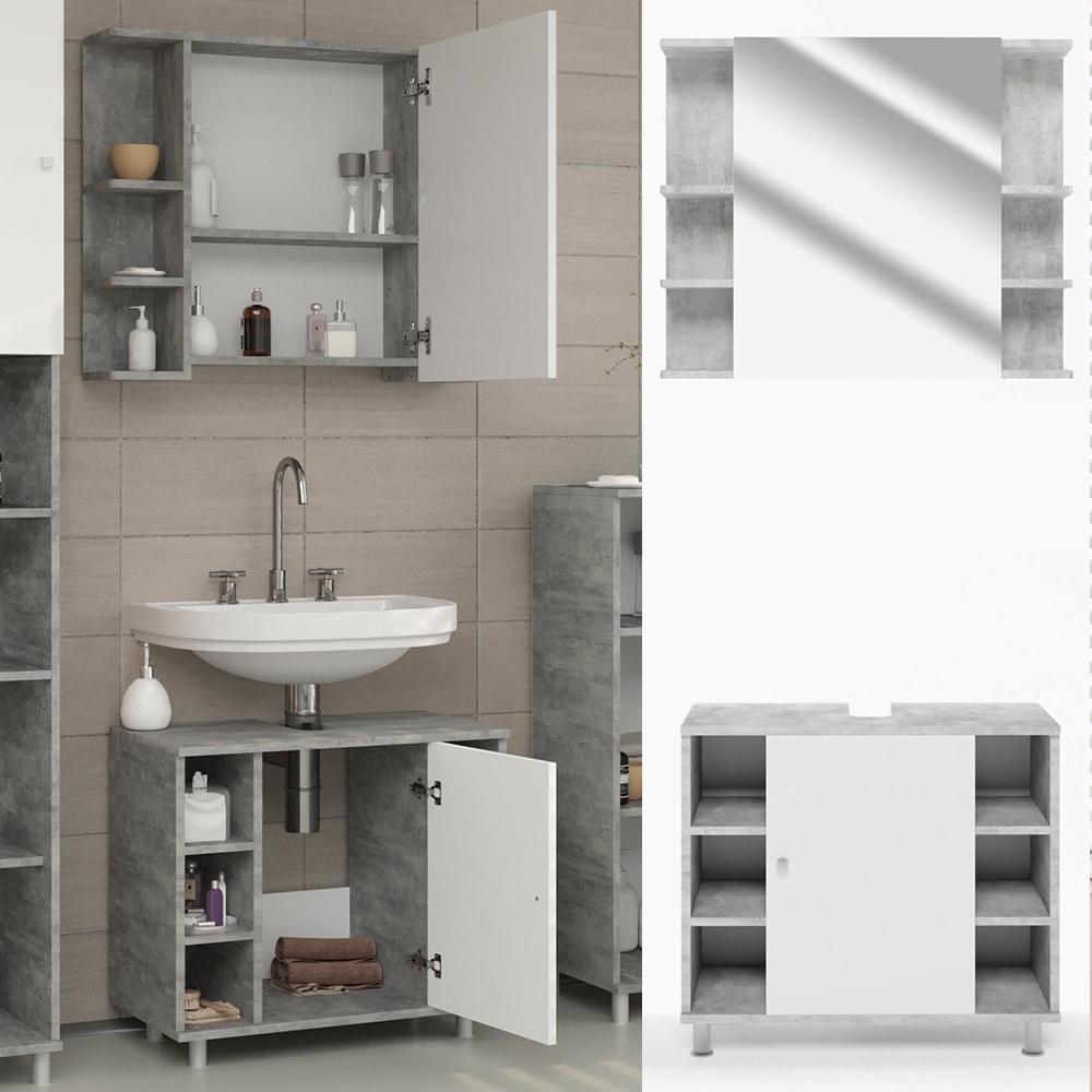 Vicco Badm&ouml;bel Set Fynn Badezimmer Spiegel Kommode Unterschrank  Grau Beton 