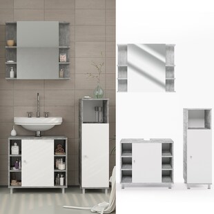 Vicco Badmöbel Set Fynn Badezimmer Spiegel Kommode Unterschrank Grau Beton 
