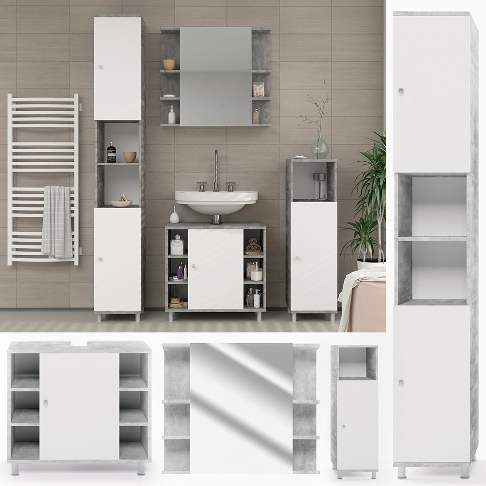 Vicco Badm&ouml;bel Set Fynn Badezimmer Spiegel Kommode Unterschrank Grau Beton 