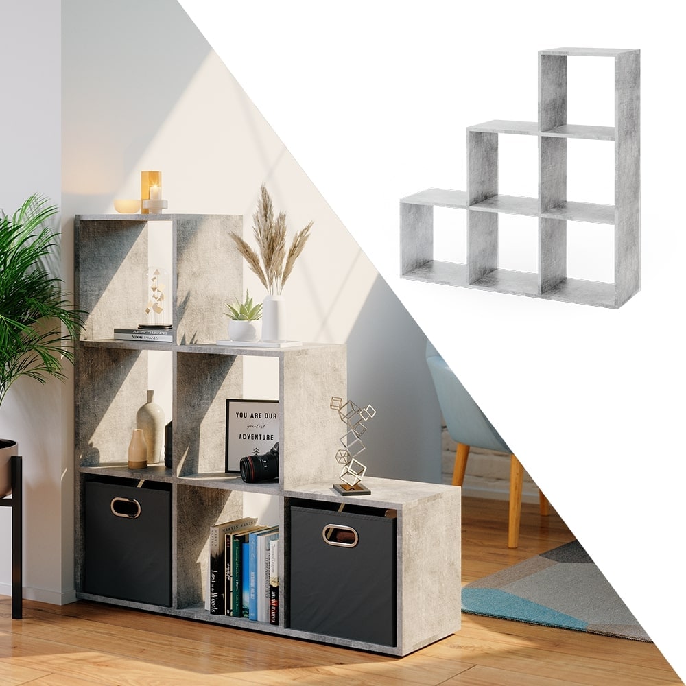 VICCO Treppenregal 6 F&auml;cher Grau Beton - Raumteiler Stufe B&uuml;cherregal Aktenregal 