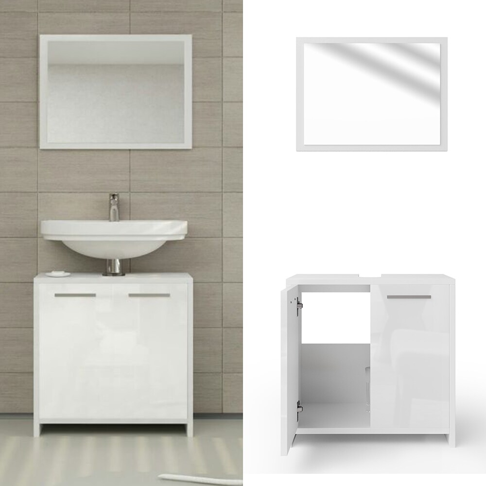 Vicco Badm&ouml;bel Set Kiko Badezimmer Spiegel Kommode Unterschrank Wei&szlig; /  Wei&szlig; Hochglanz 