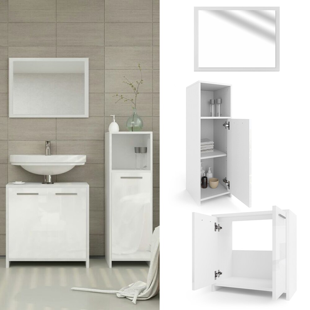 Vicco Badm&ouml;bel Set Kiko Badezimmer Spiegel Kommode Unterschrank Wei&szlig; / Wei&szlig; Hochglanz 
