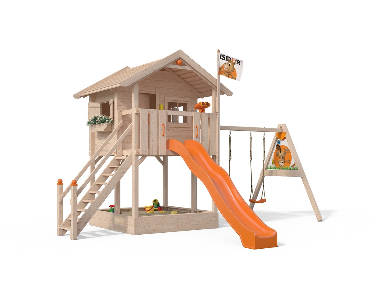 Oskar Spielturm Fridolino Baumhaus Rutsche orange Sandkasten Schaukelanbau 