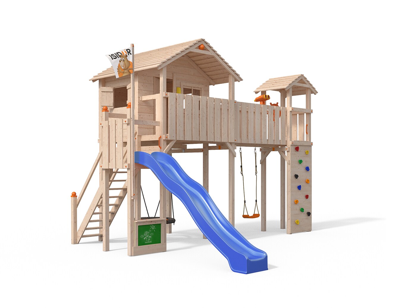 Oskar Spielturm Ponticulus Baumhaus Rutsche blau Turm Kletterwand Nestschaukel 